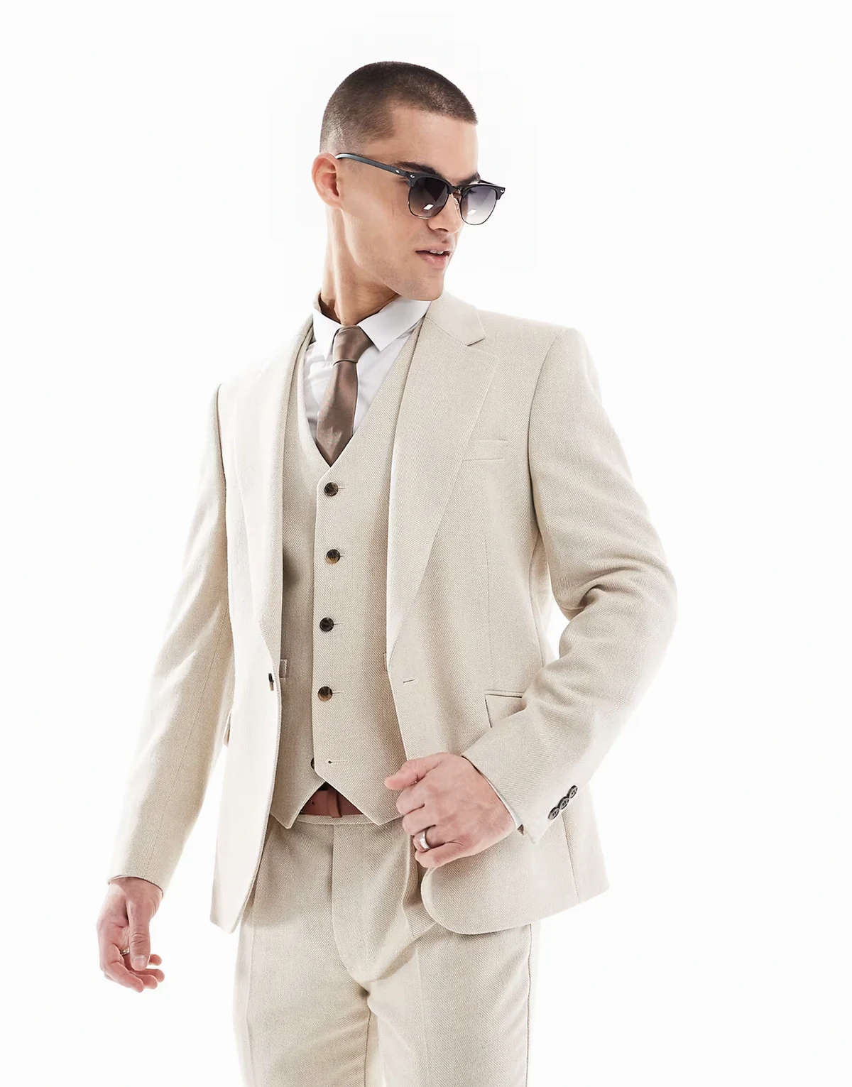 skinny wool blend suit jacket in stone herringbone