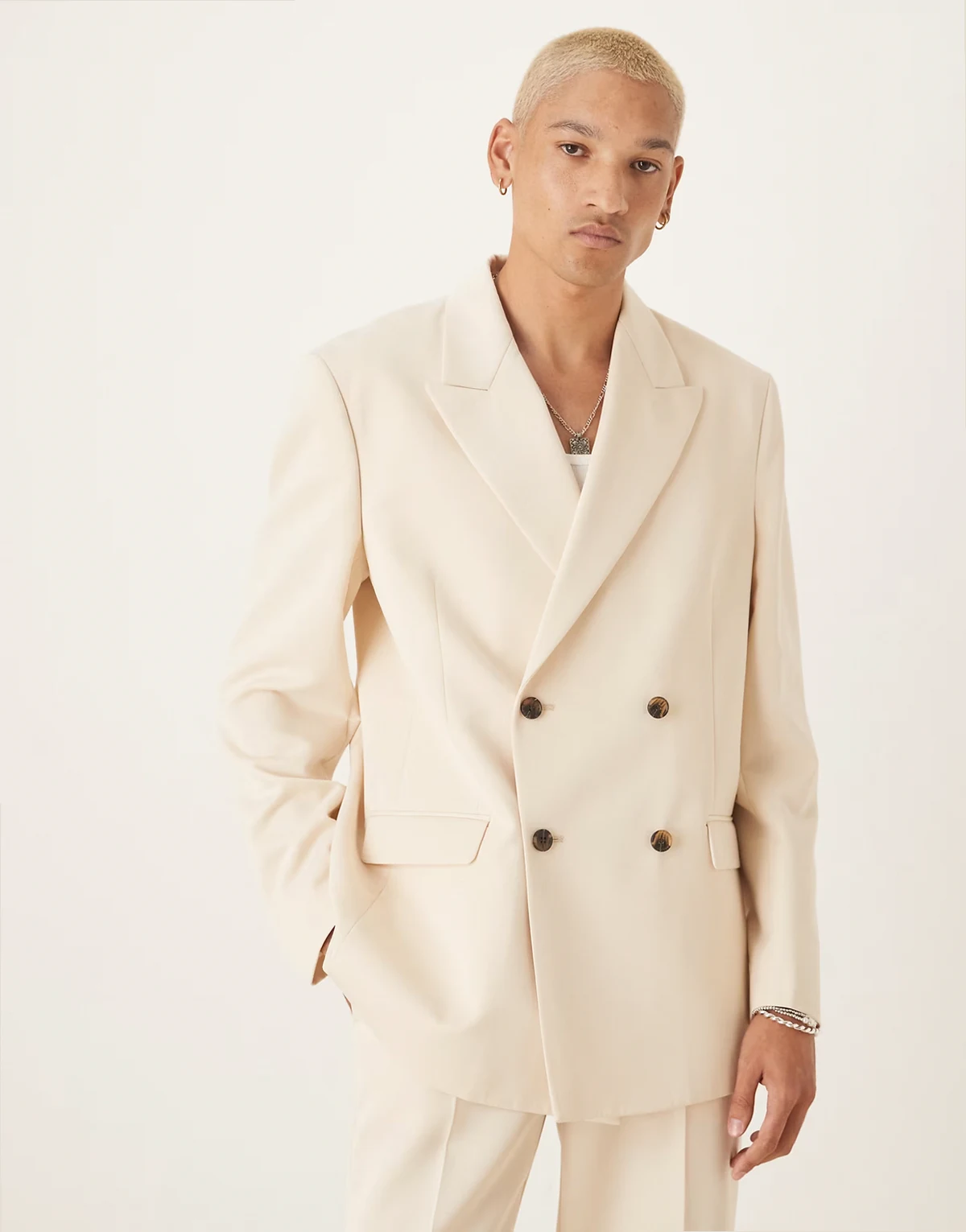 relaxed square shoulder double breasted suit jacket with cotton in ecru