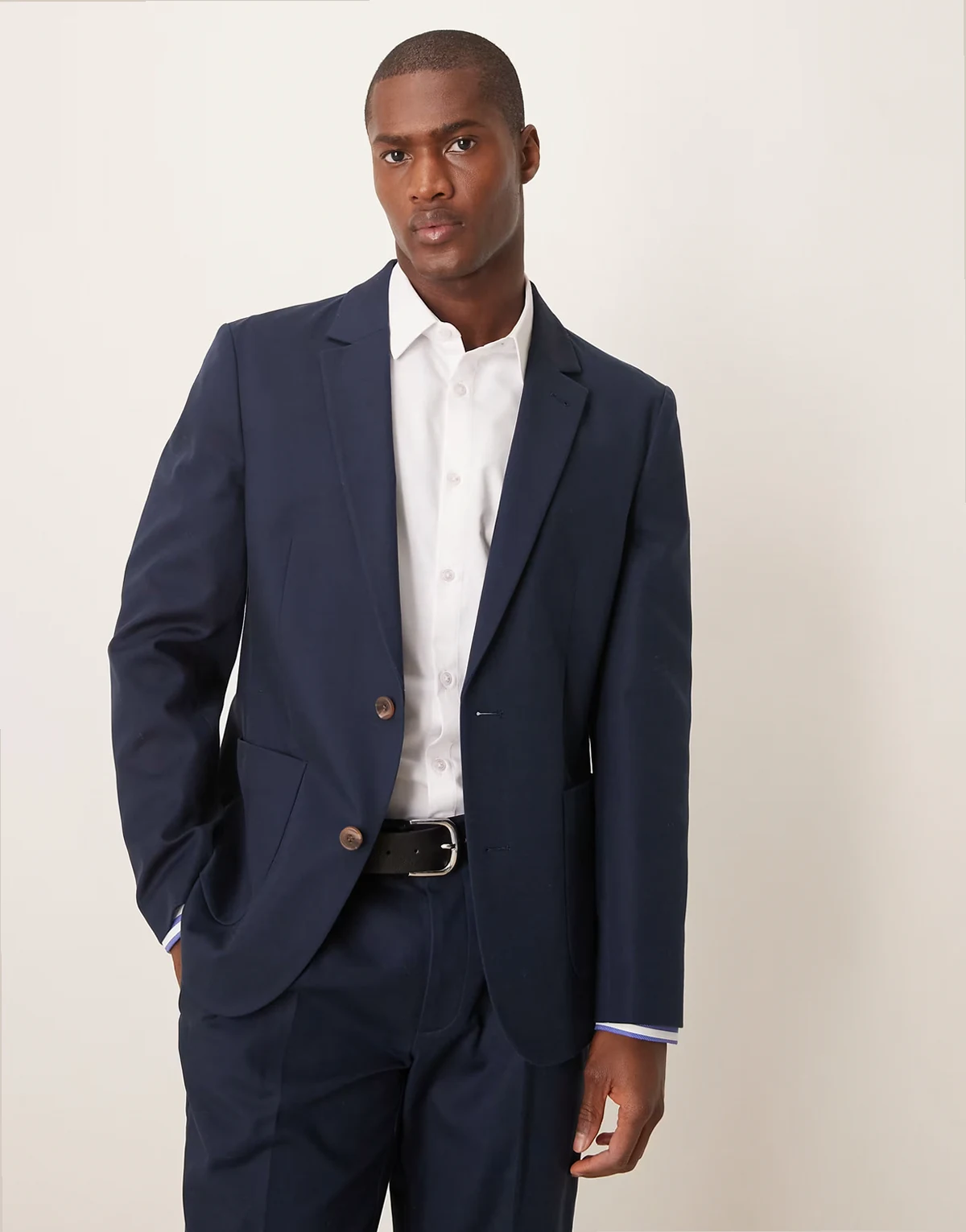 slim suit jacket in navy soft cotton