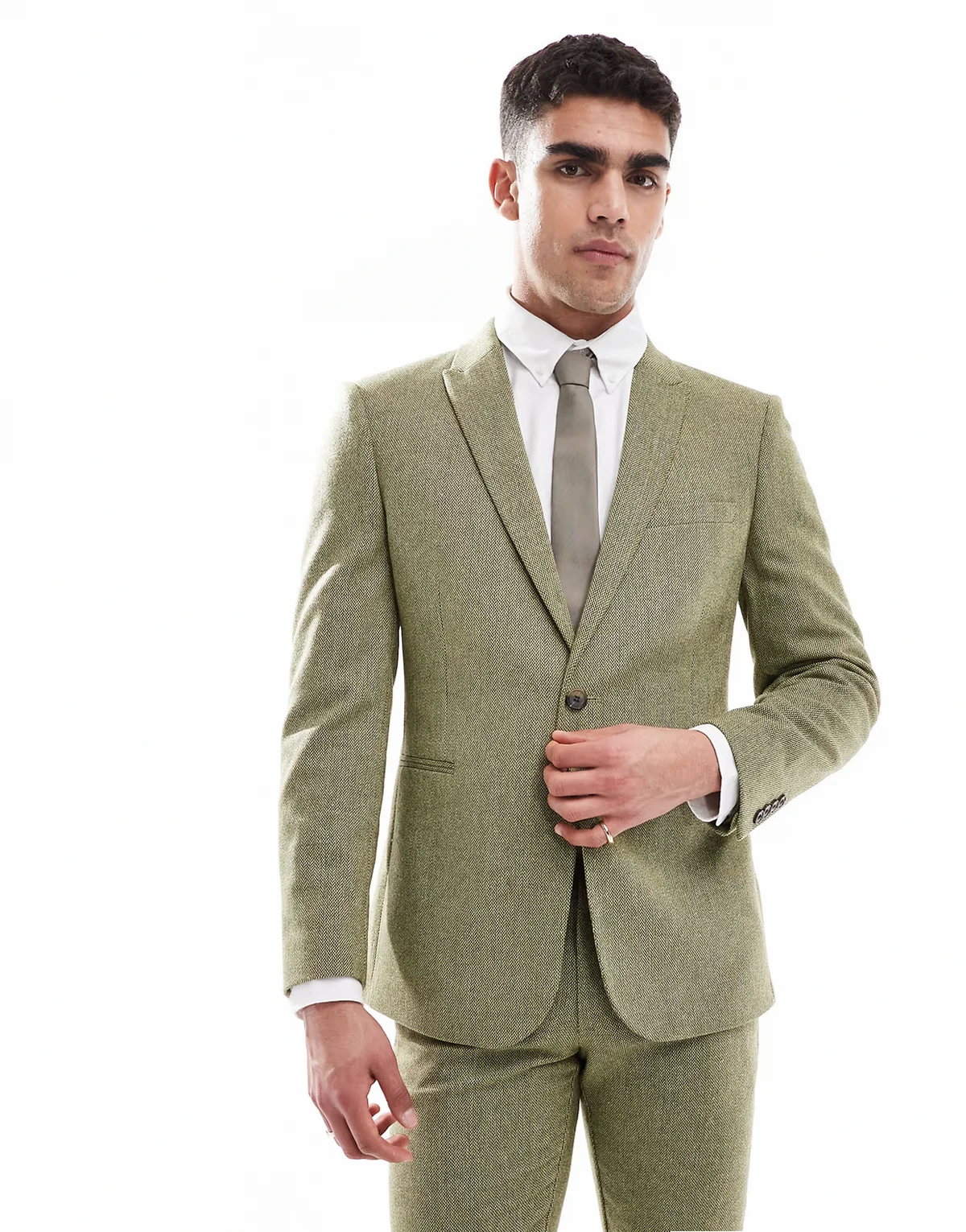 skinny wool mix suit jacket in olive basketweave texture
