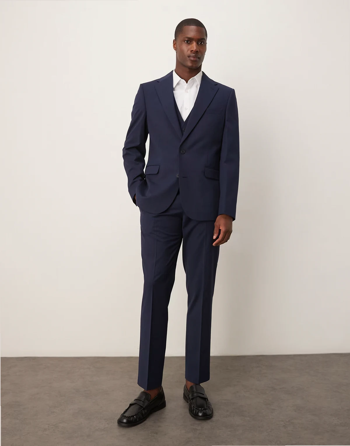 Wedding slim suit jacket in navy pinstripe