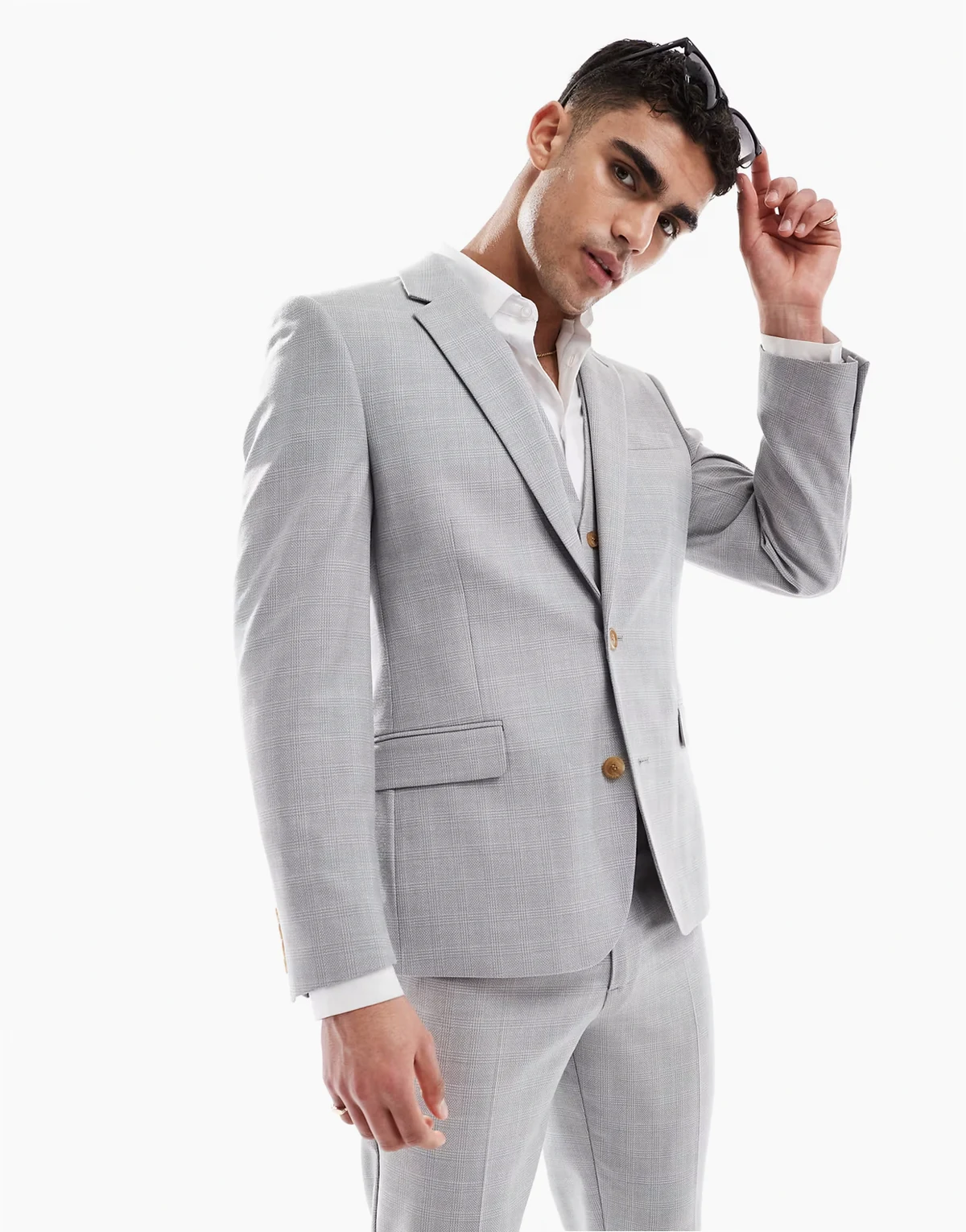 linen look skinny suit jacket in gray tonal plaid