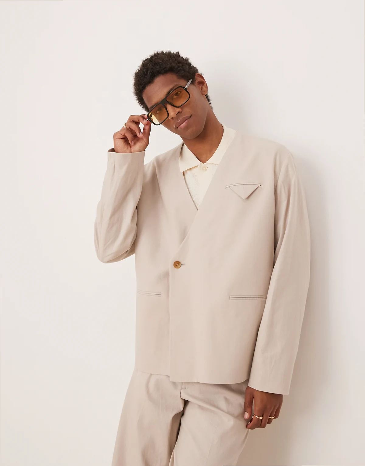 collarless boxy linen blend suit jacket in stone