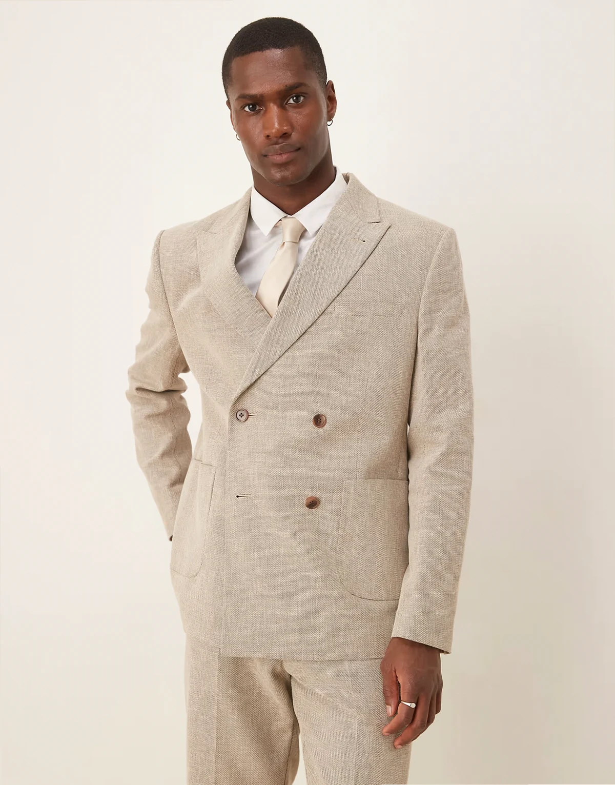 cotton linen blend double breasted regular suit jacket in beige