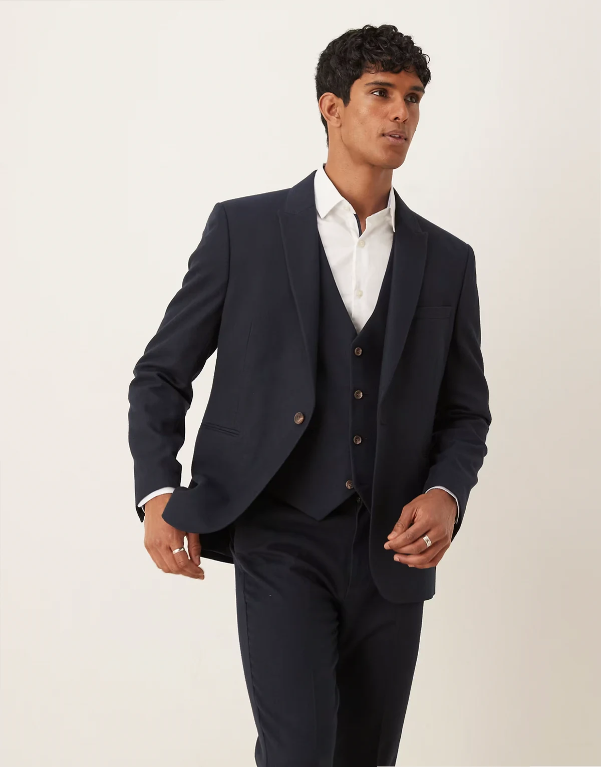 slim suit jacket in navy herringbone wool look