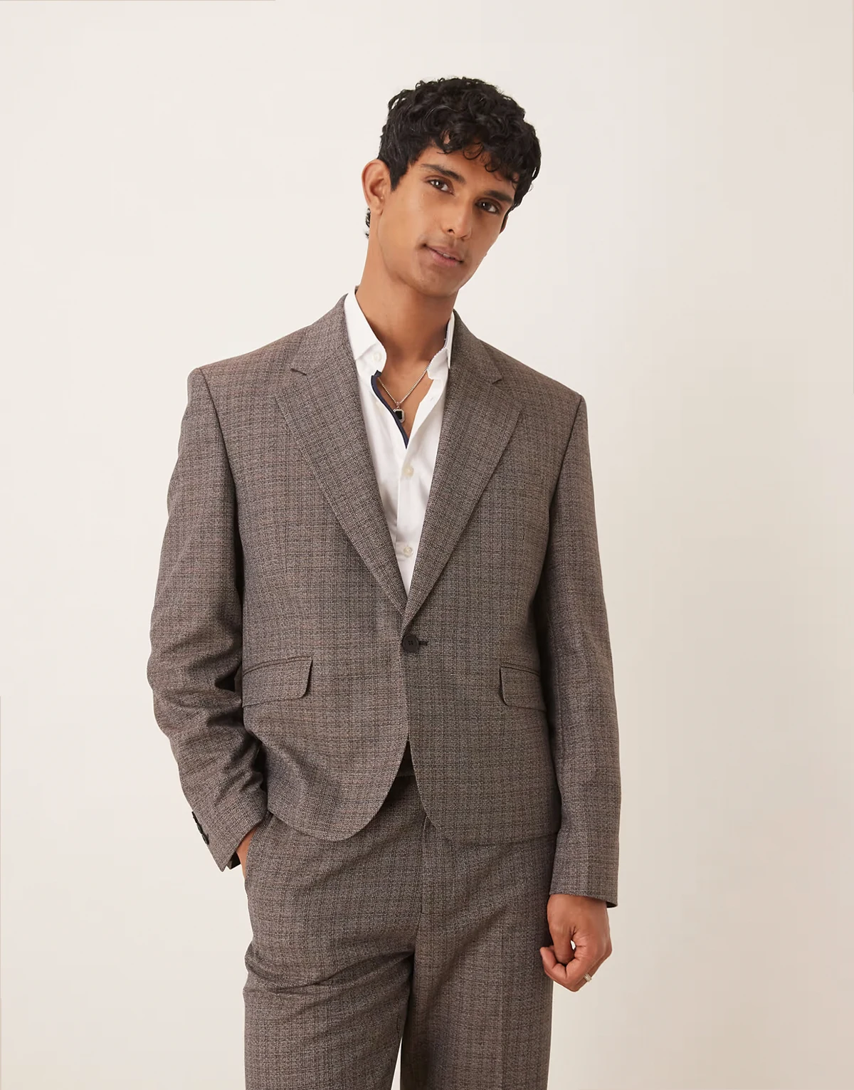boxy cropped suit jacket in brown micro plaid texture
