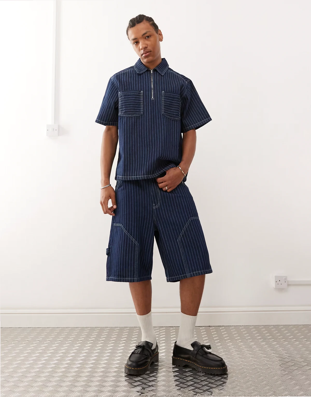 denim carpenter shorts in blue pinstripes - part of a set