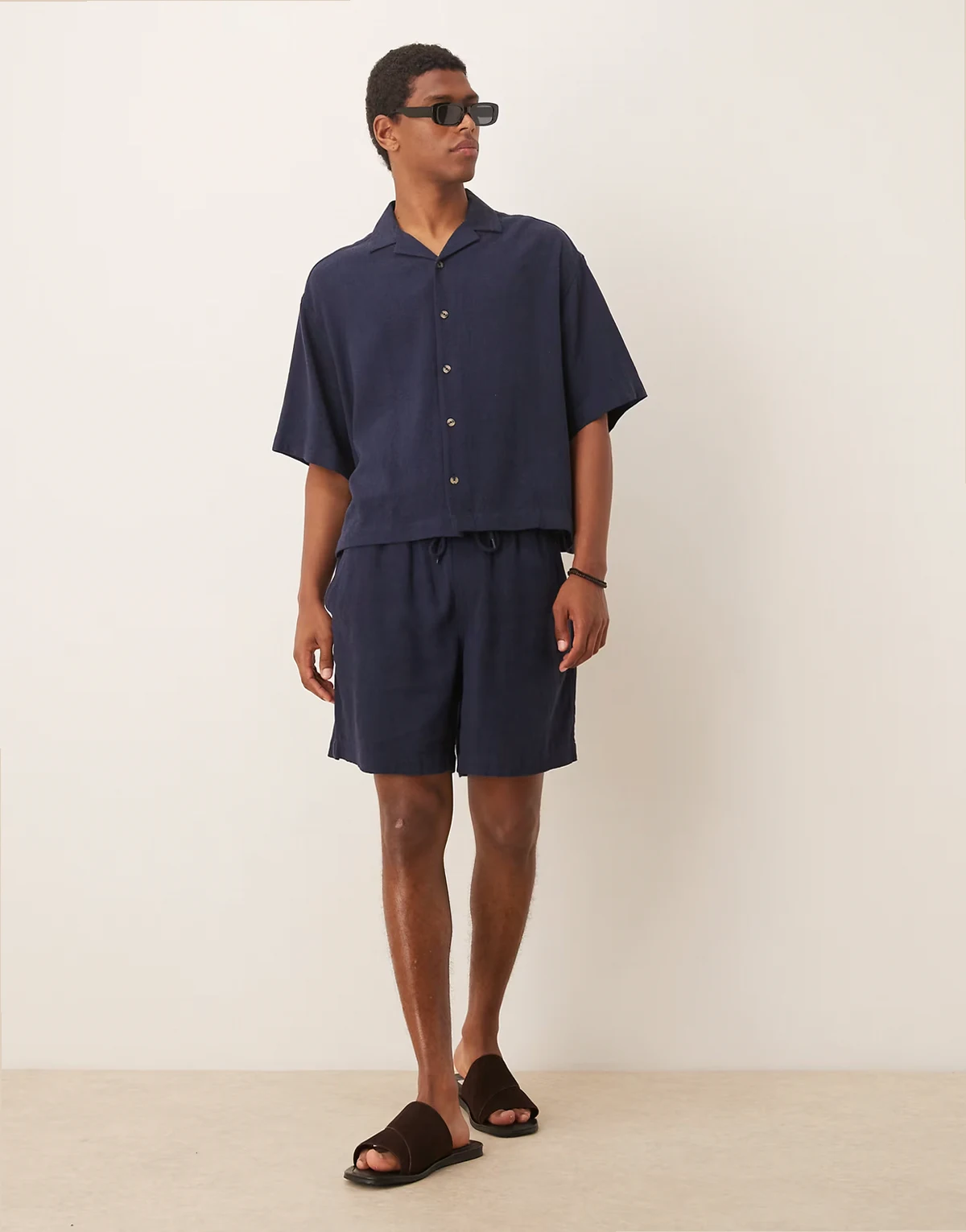 baggy fit pull on shorts in navy linen blend - part of a set