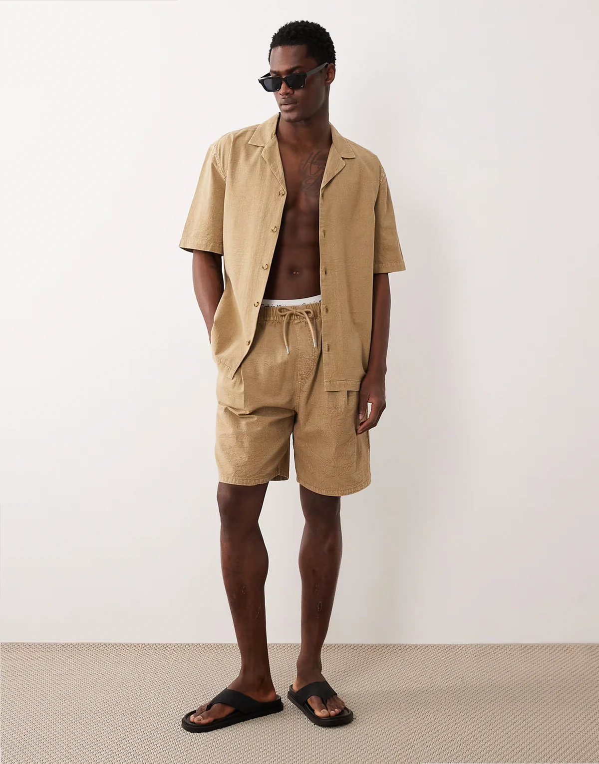 mid length textured jorts in beige - part of a set