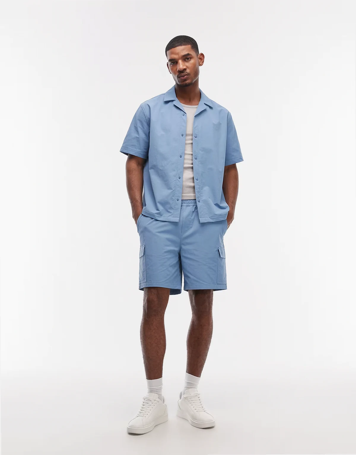 motionMAX™ four way stretch shorter length cargo shorts in blue - part of a set