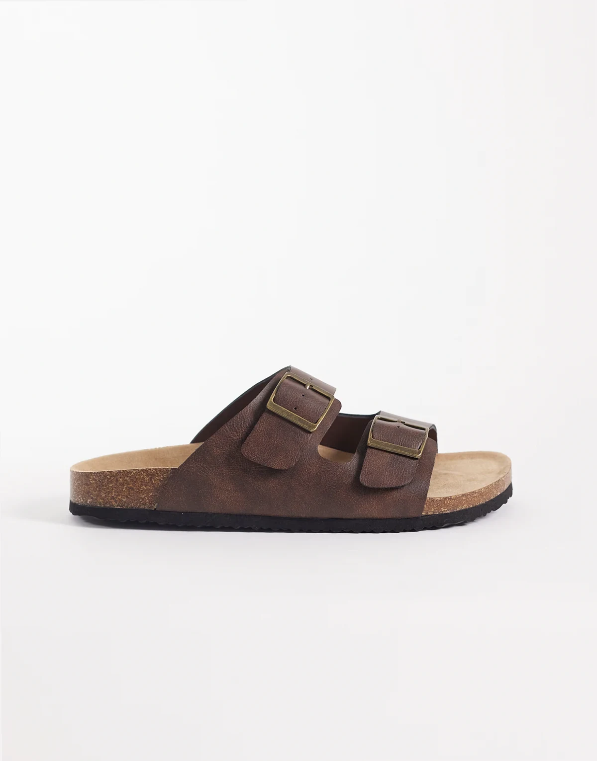 – Sandalen in Ölbraun mit zwei Riemen und Korksohle