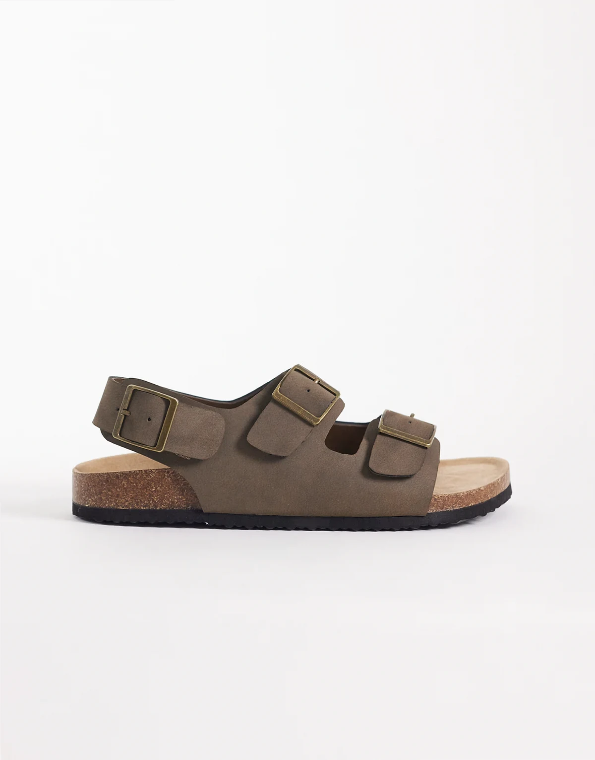 – Sandalen in Taupe mit drei Riemen und Schnallen