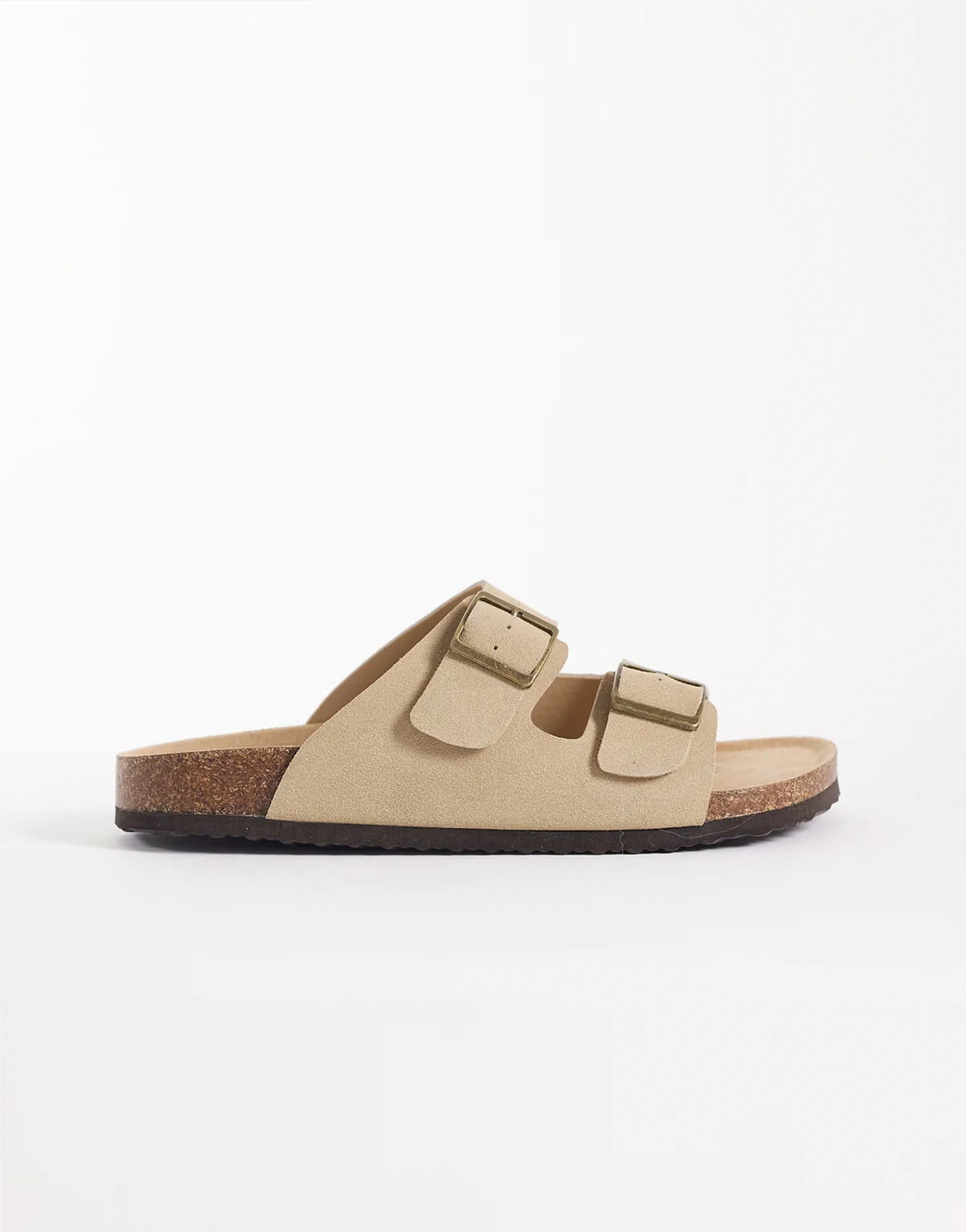 – Sandalen in Steinbeige mit zwei Riemen und Korksohle