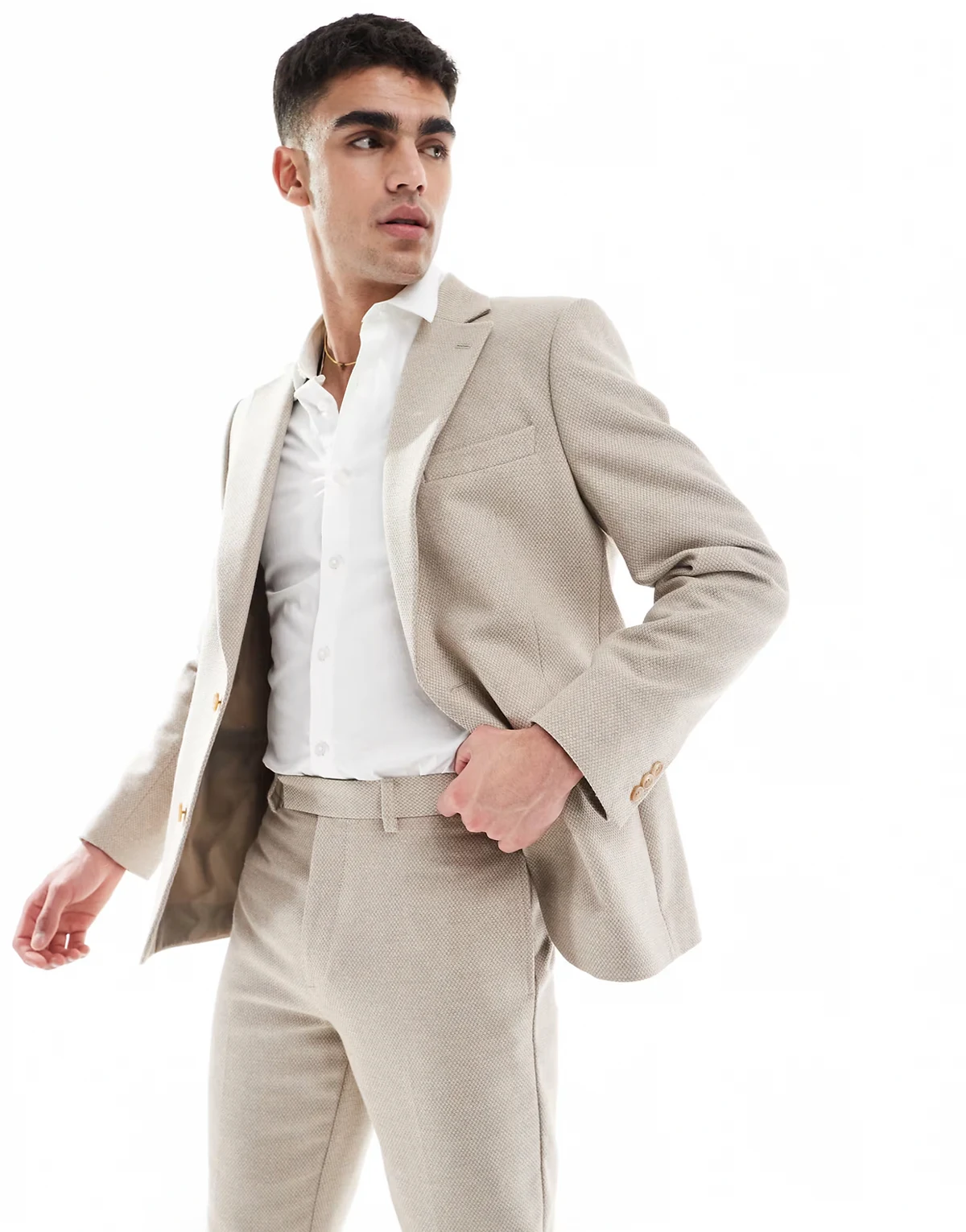 wool blend slim suit jacket in stone weave