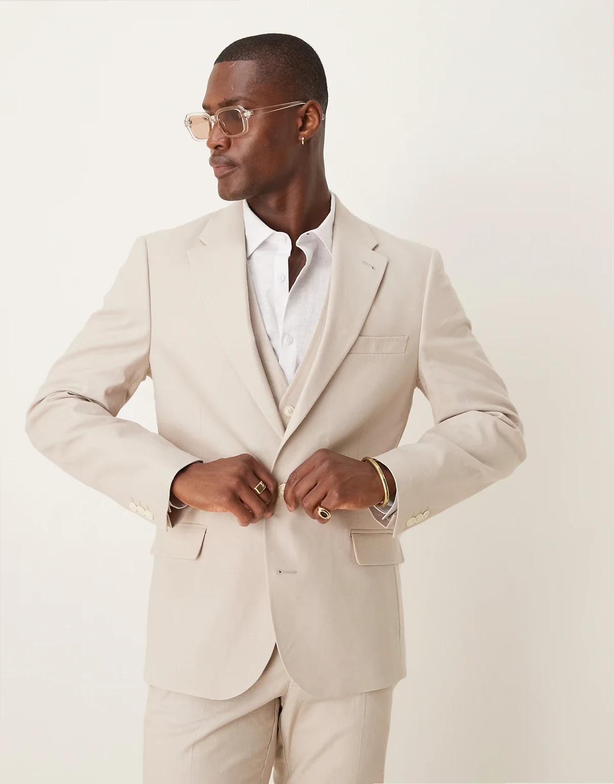 linen blend skinny suit jacket in stone
