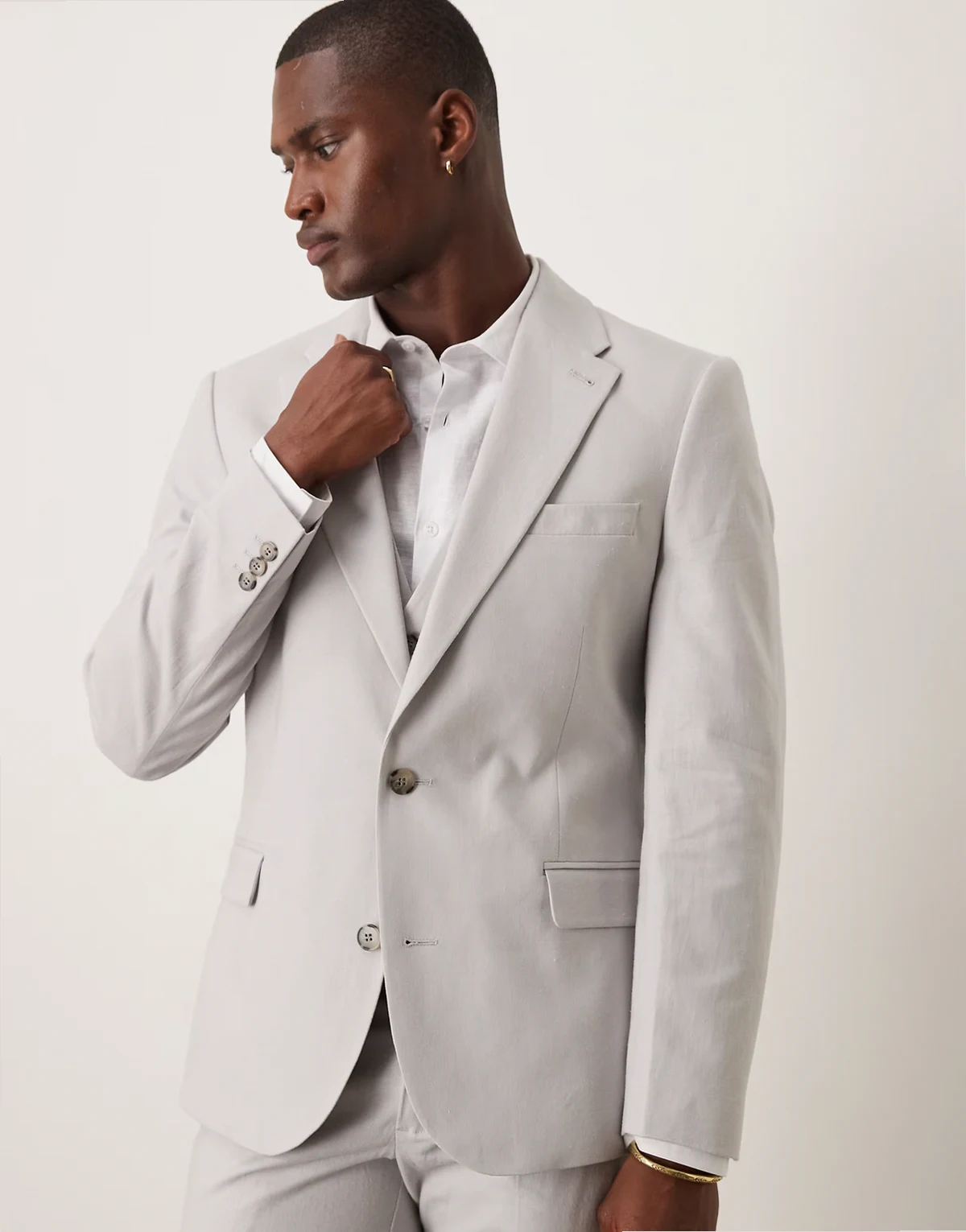 linen blend skinny suit jacket in gray