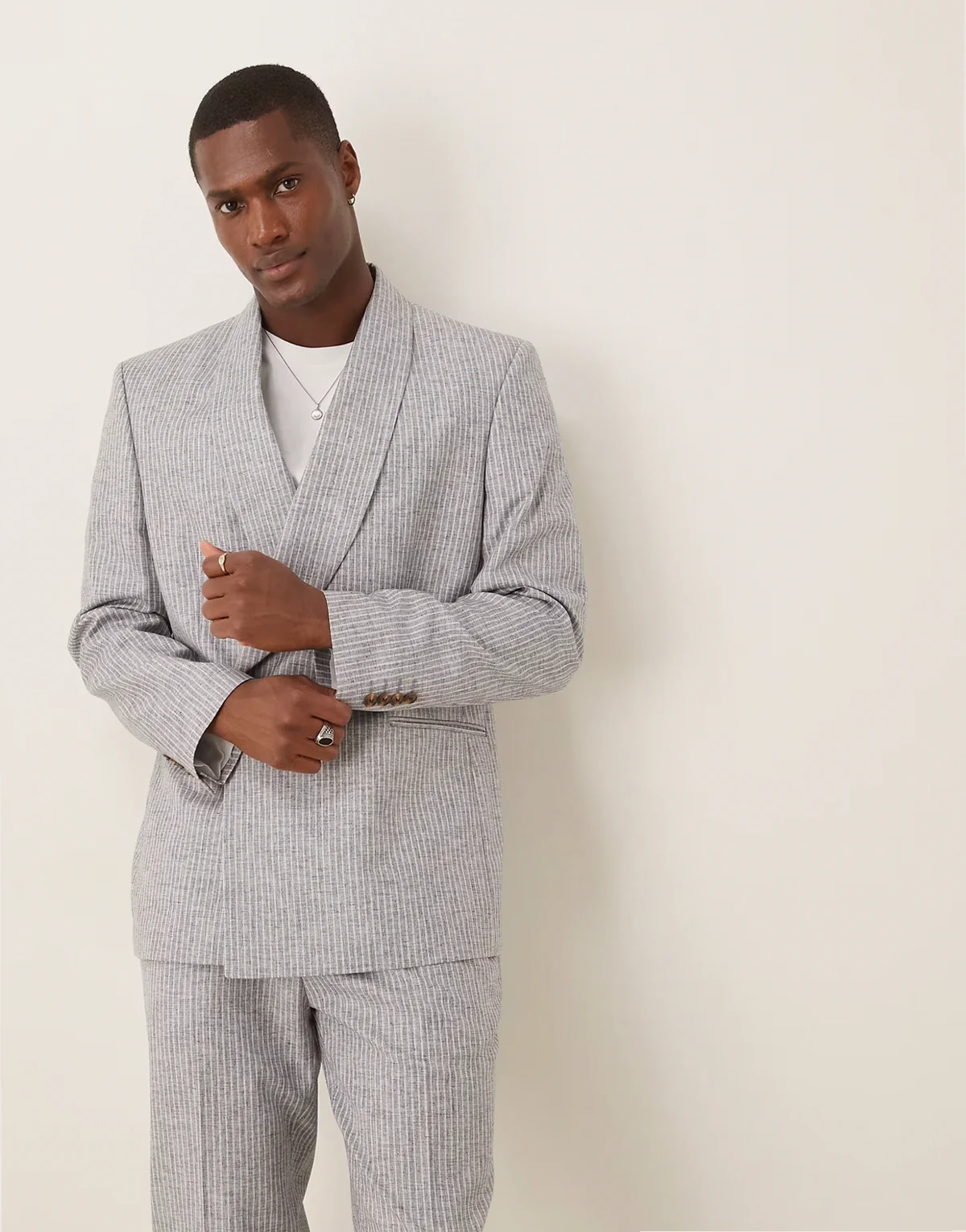 linen blend double breasted regular suit jacket in blue stripe