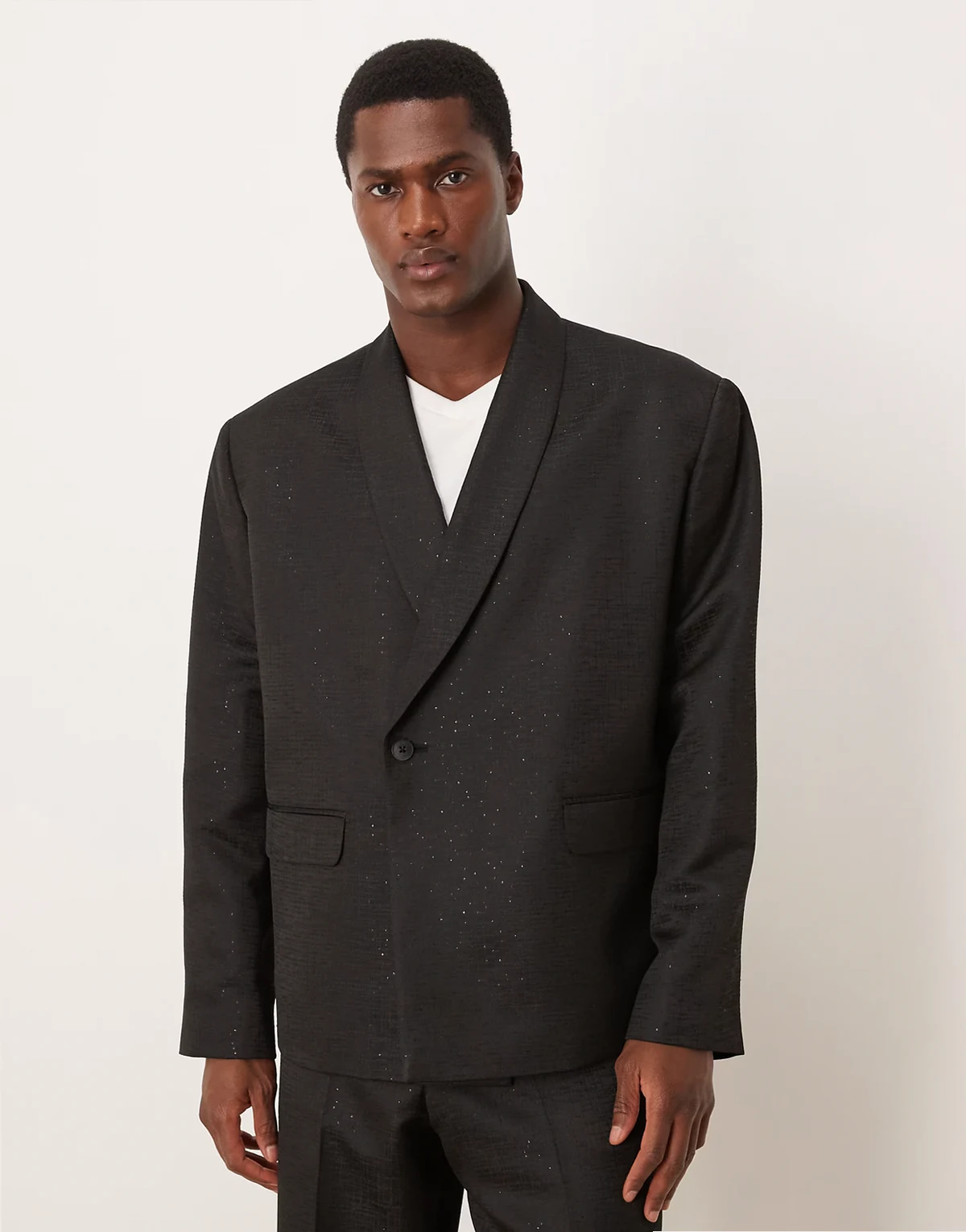 micro sequin boxy suit jacket in black