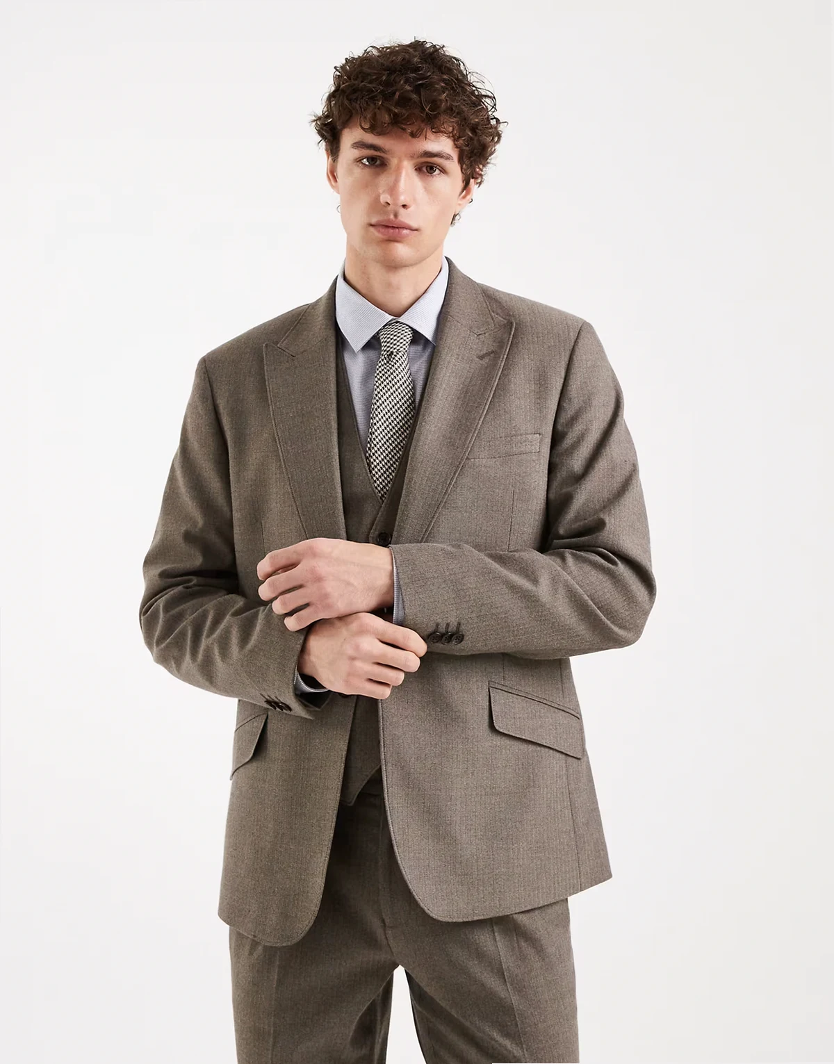 skinny wool look suit jacket in khaki herringbone flannel