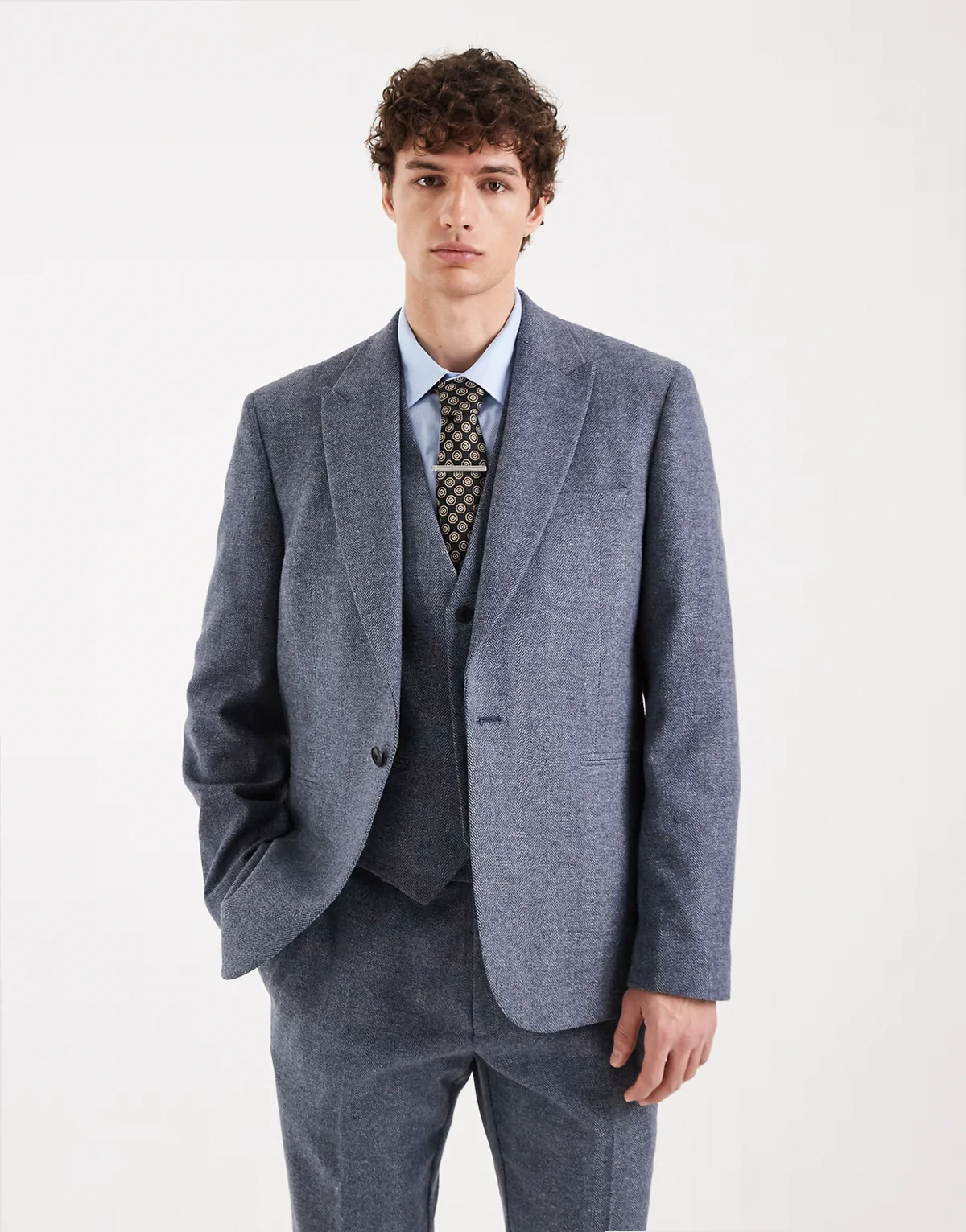 wool mix slim suit jacket in gray herringbone