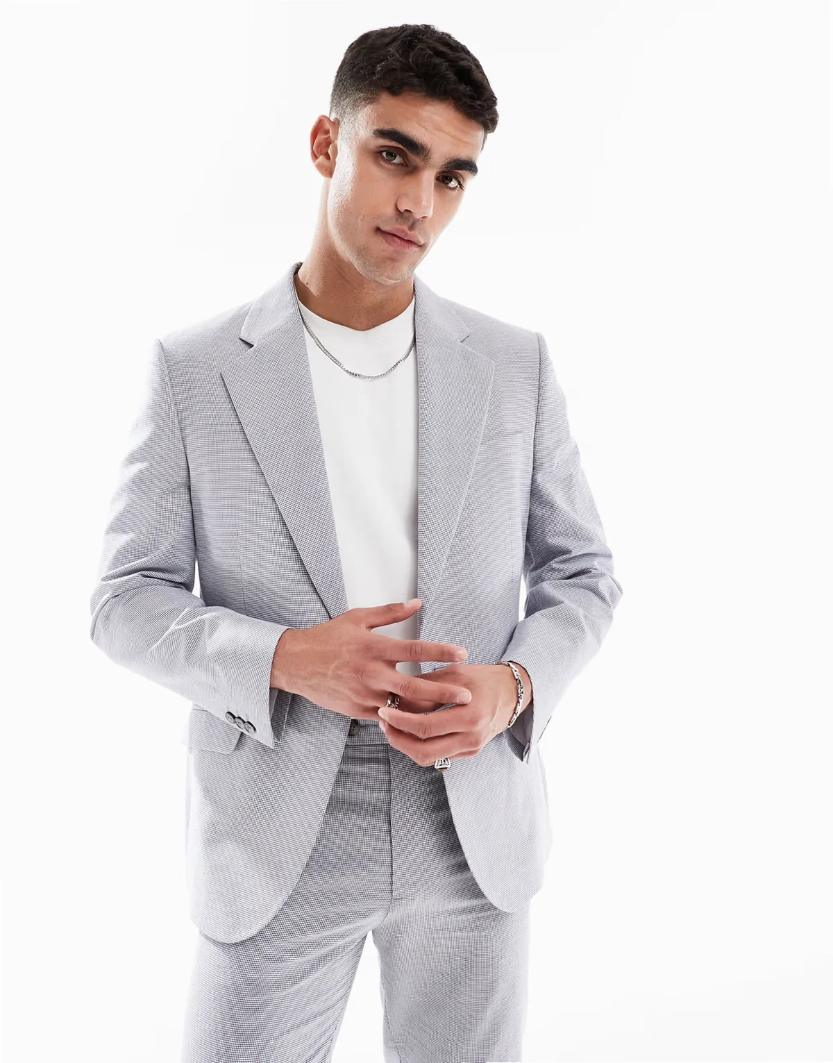 linen mix slim suit jacket in gray puppytooth