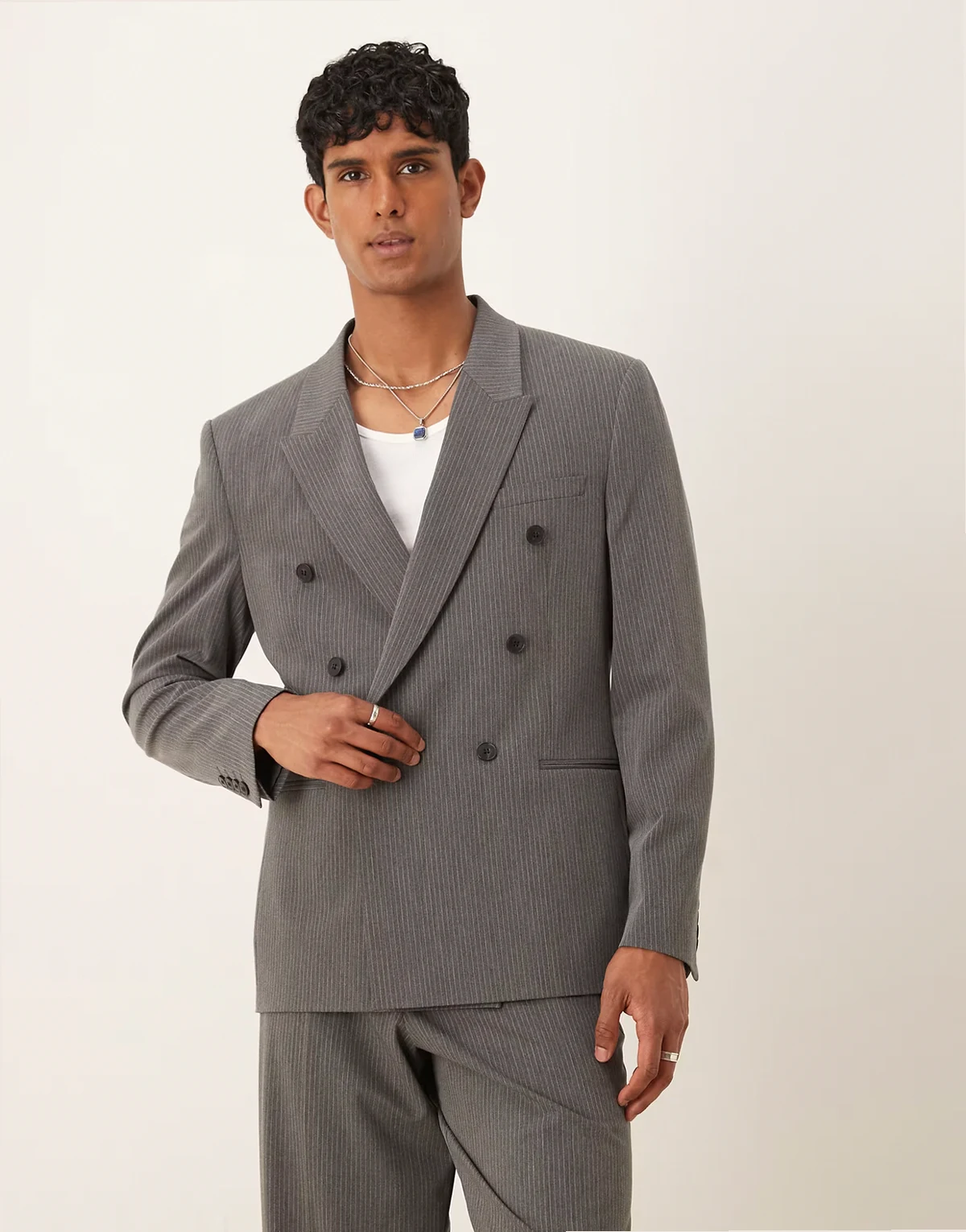 double breasted relaxed suit jacket in charcoal pinstripe