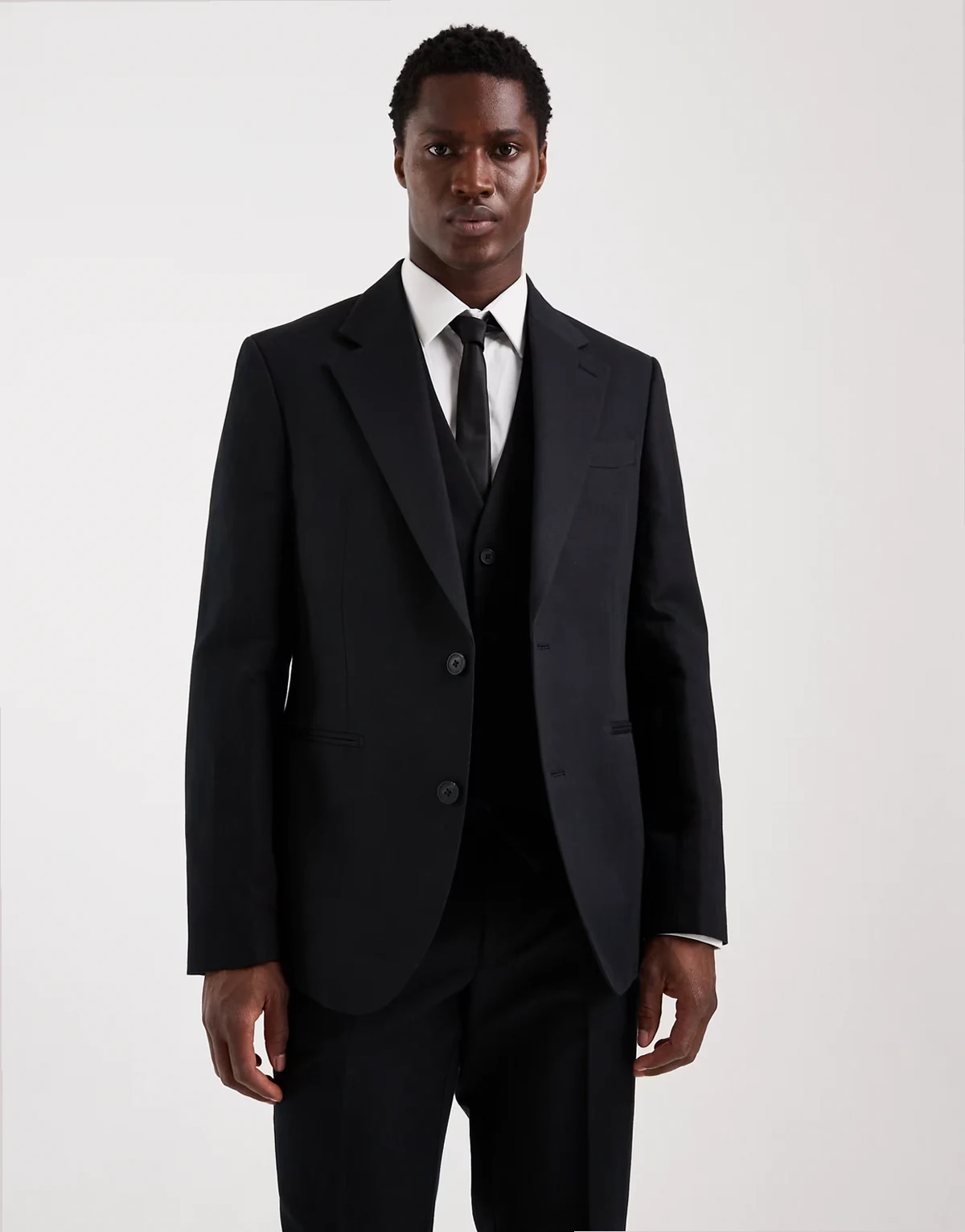 slim suit blazer in black linen-rich twill