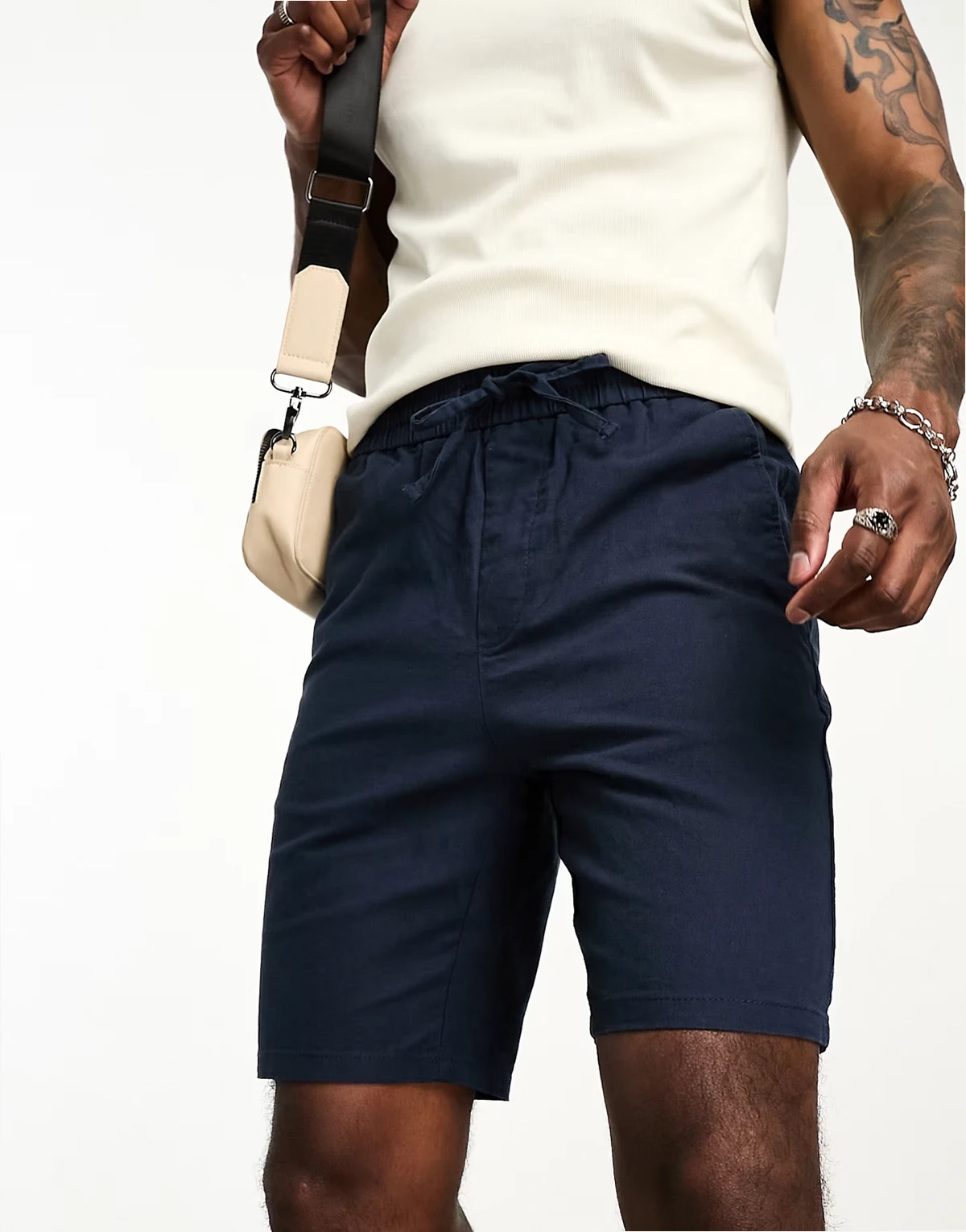 linen blend tie waist shorts in navy