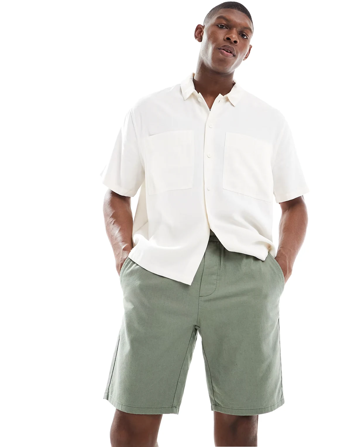 linen blend tie waist shorts in dark sage