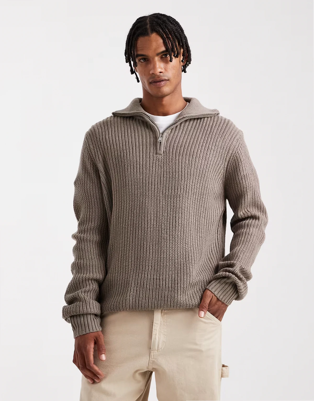 chunky knit quarter zip sweater in taupe