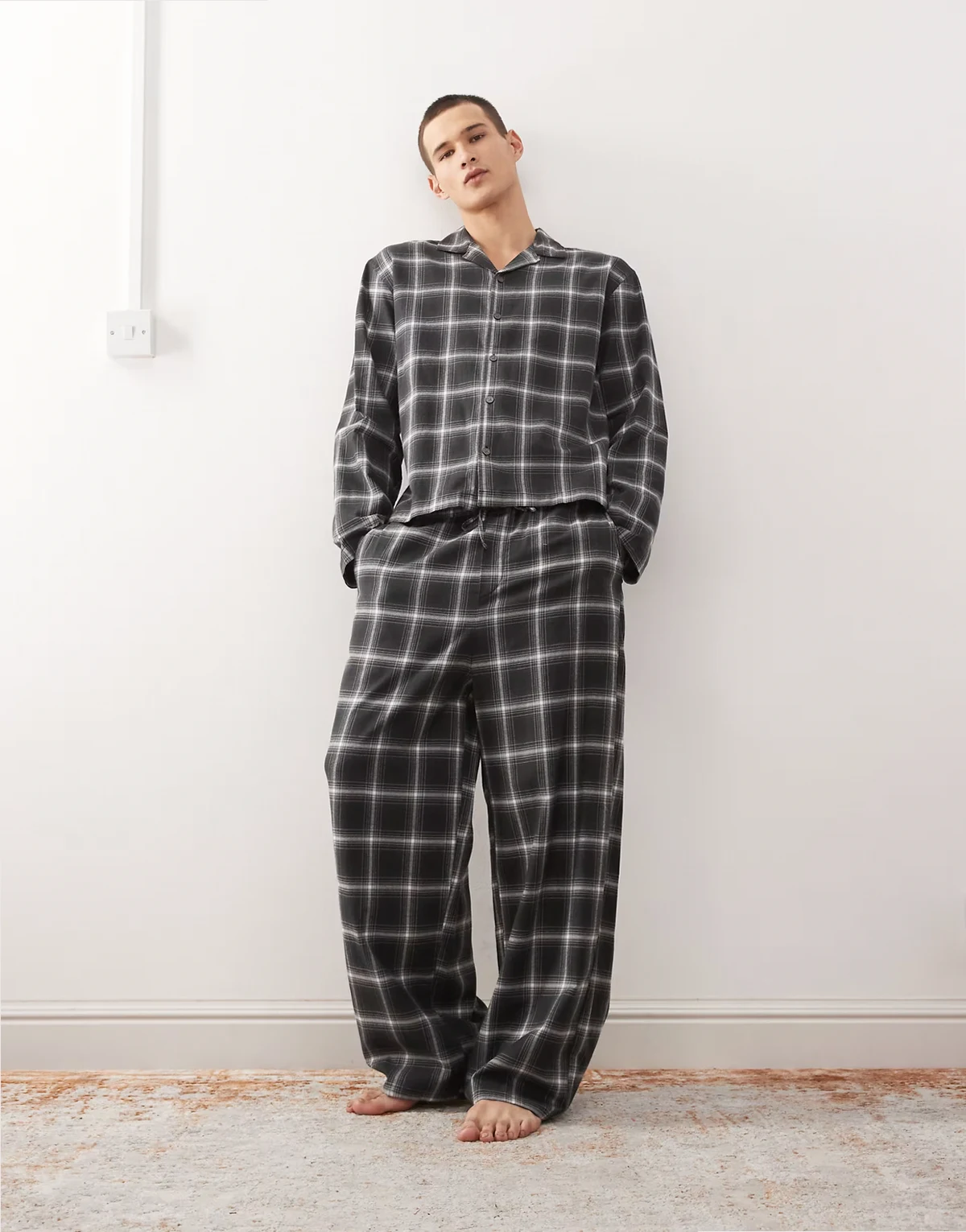 oversized flannel shirt set in black, navy & white check