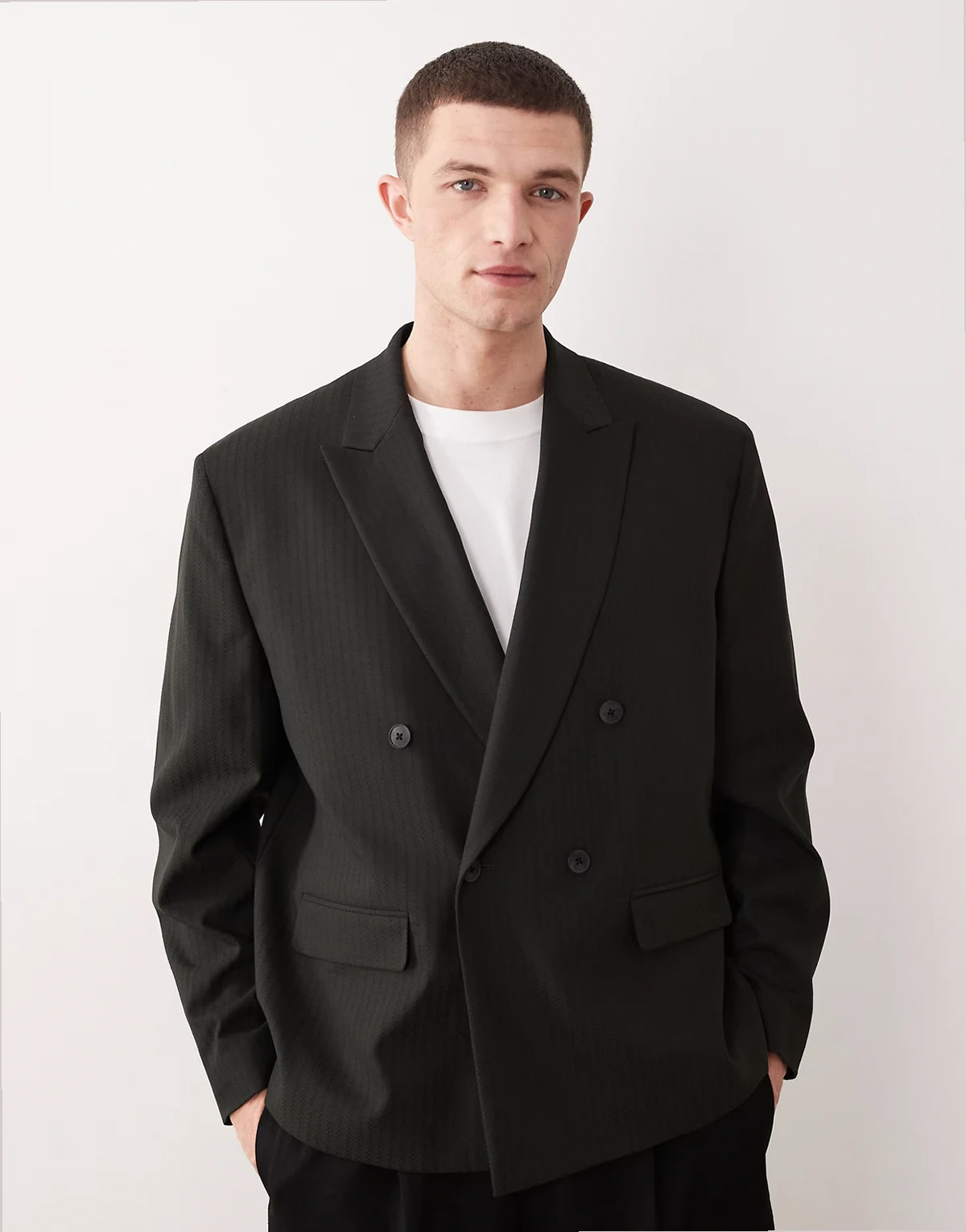 double breasted boxy suit jacket in dark green pinstripes