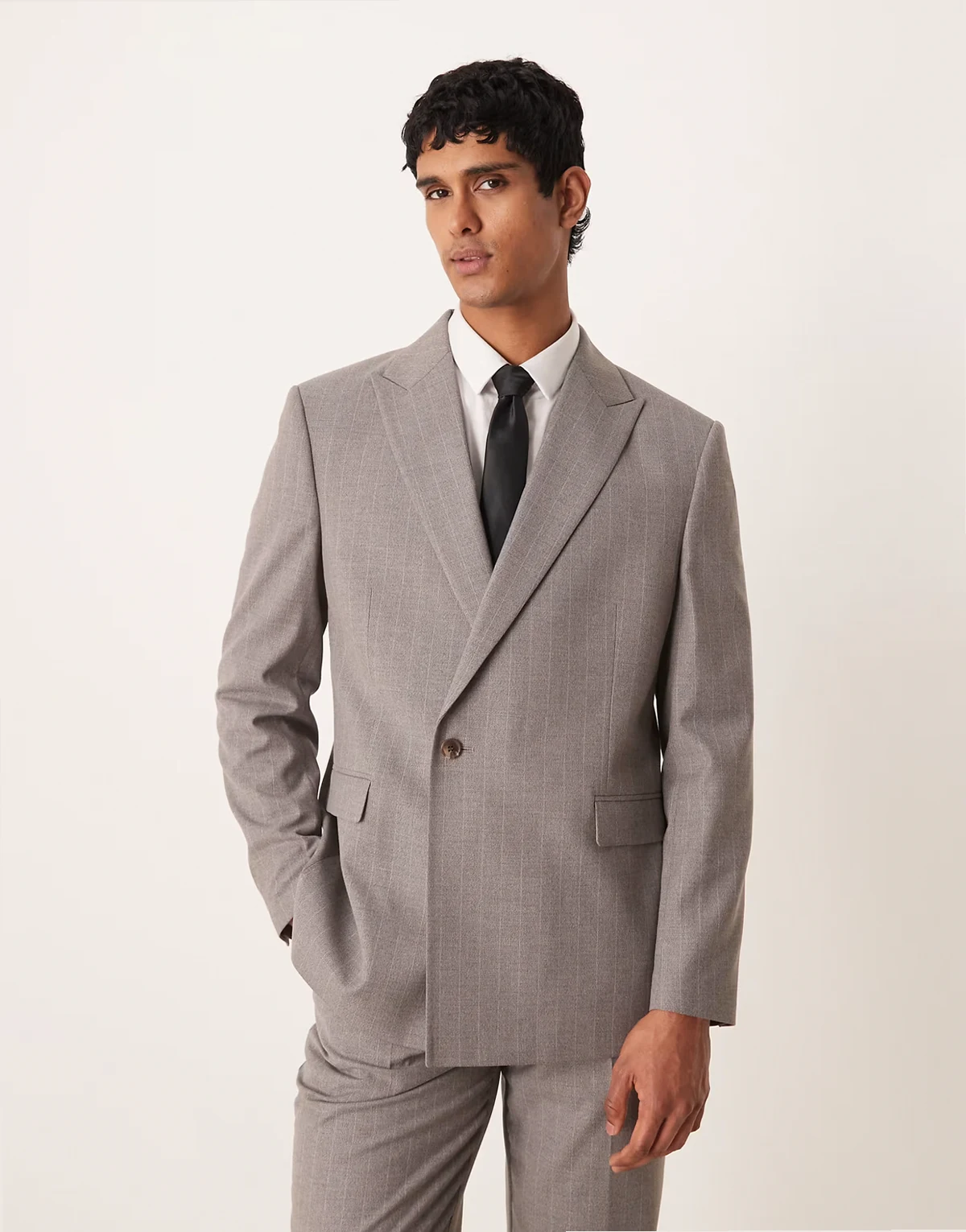 double breasted wrap regular suit jacket in light gray pinstripes