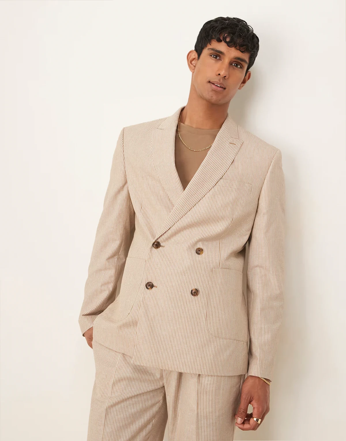 linen mix slim suit jacket in stone stripes