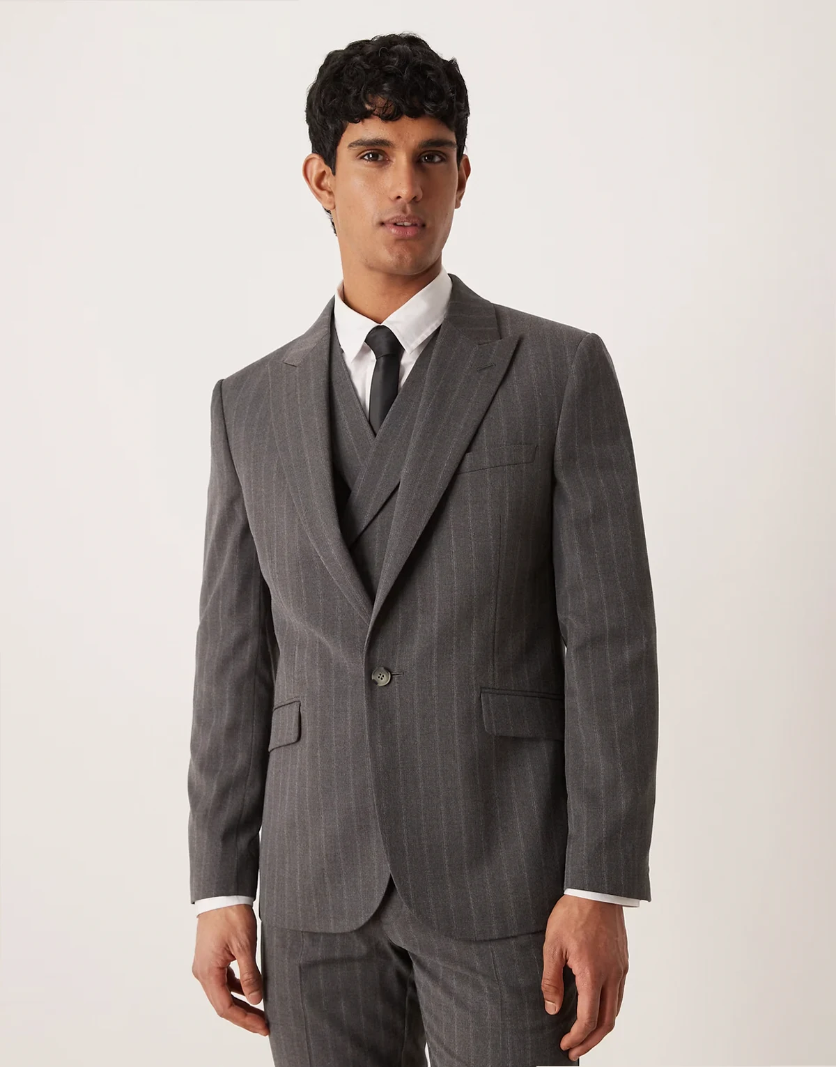 slim suit jacket in gray pinstripes