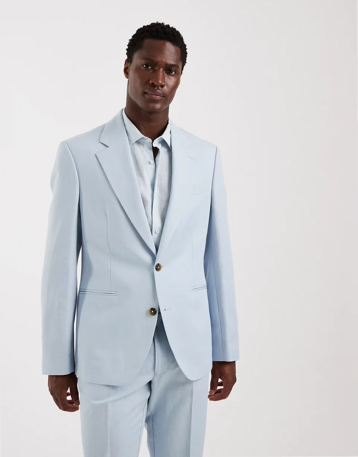 slim suit jacket in linen-rich light blue twill