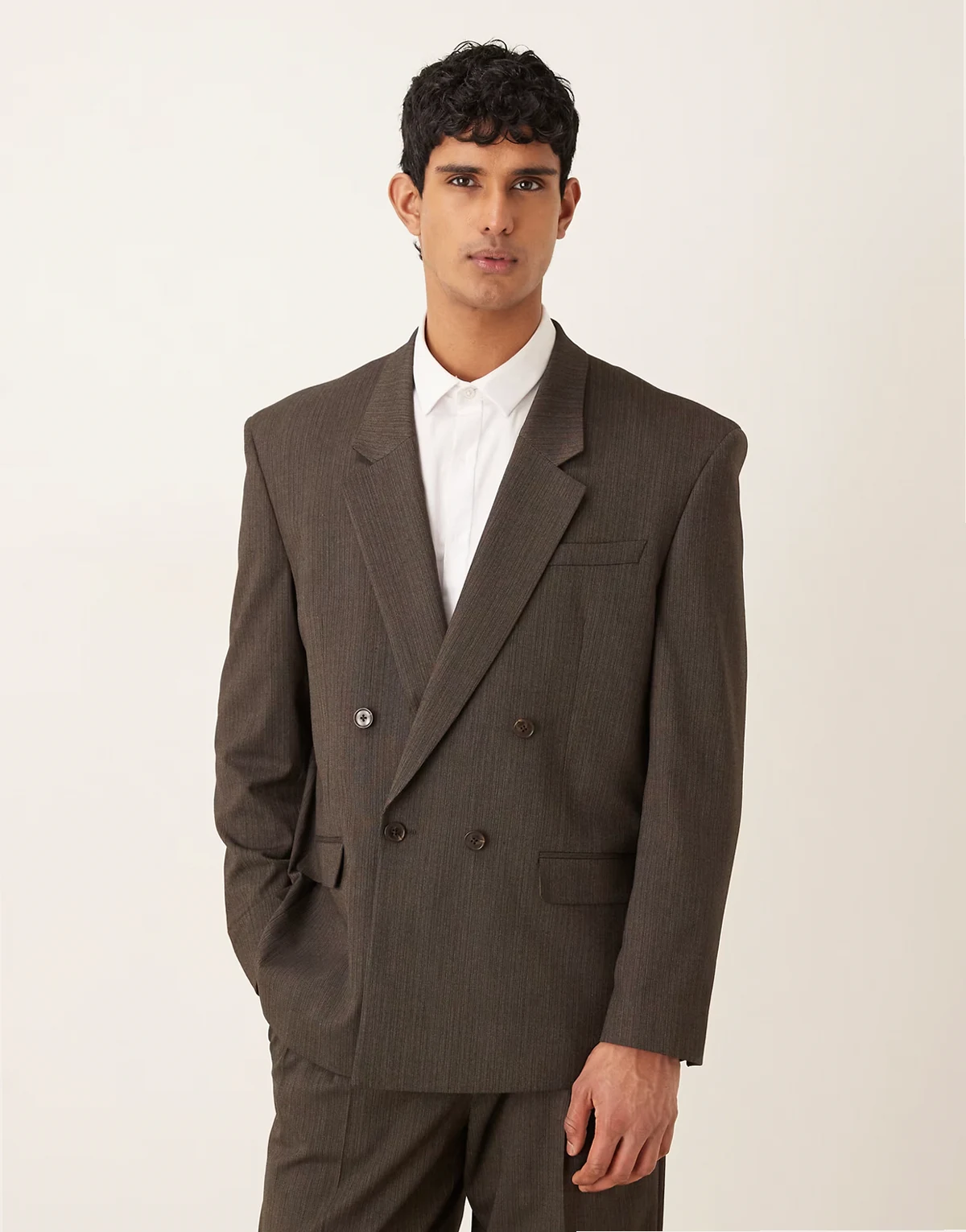 relaxed square shoulder suit jacket in brown subtle stripe