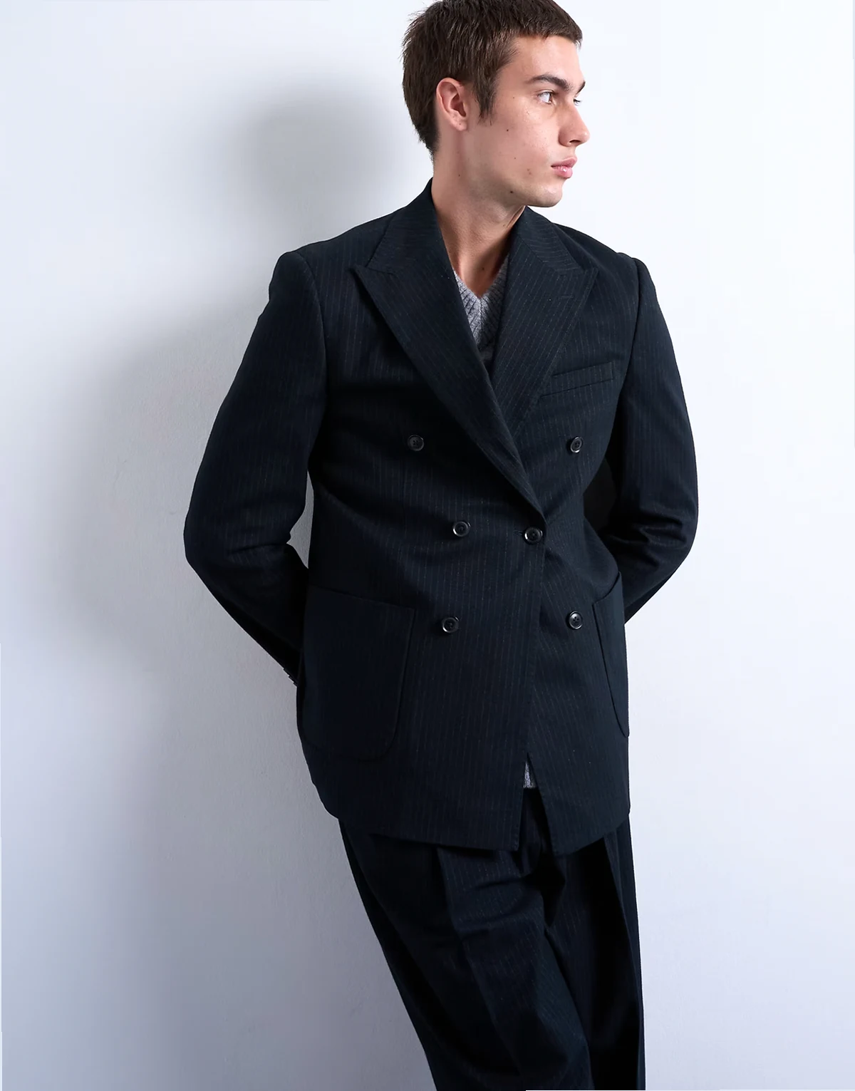 wool look striped double breasted blazer in navy