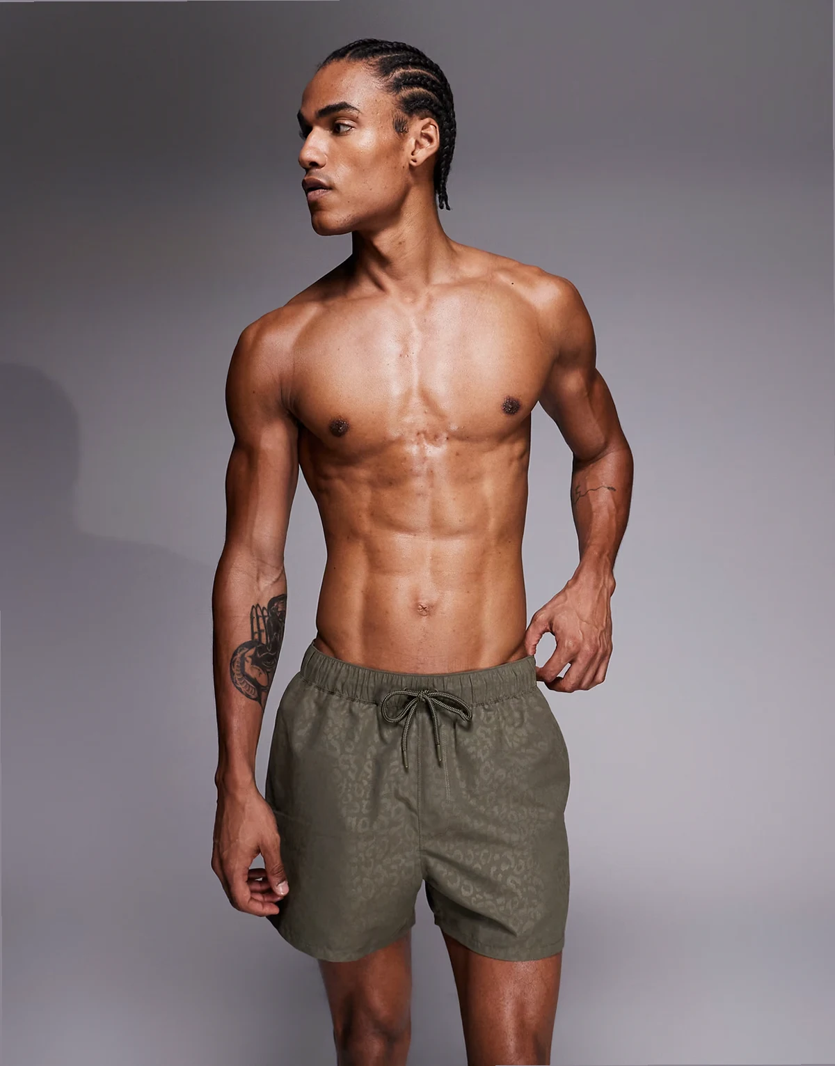 short length swim shorts in khaki-green leopard jacquard