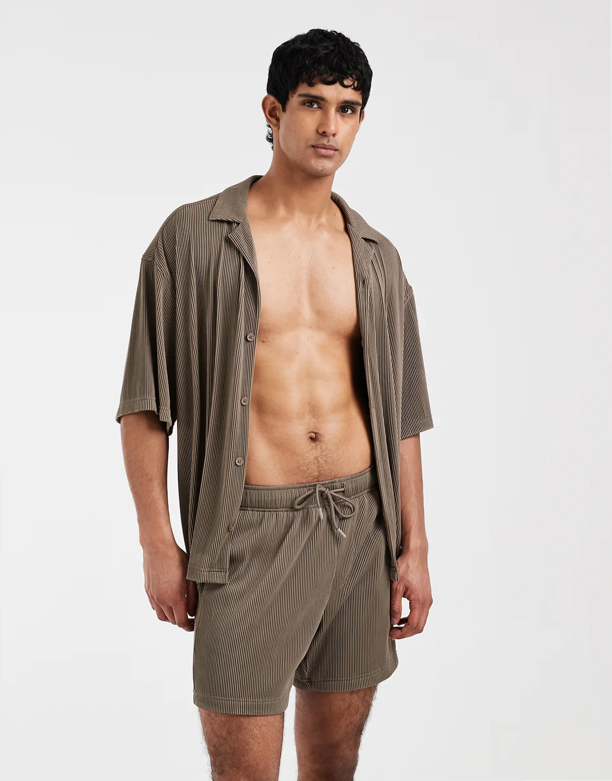 mid length plissé swim shorts in brown - part of a set