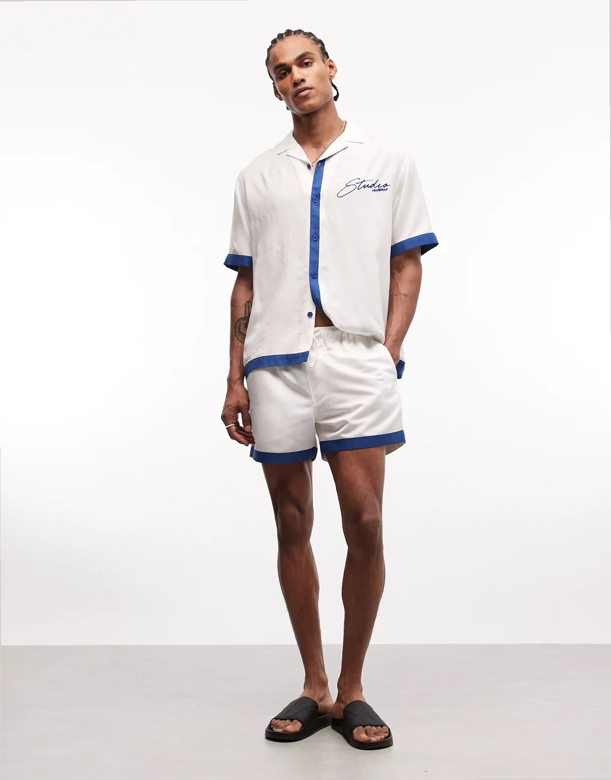 short length swim shorts with contrast panel in cream - part of a set