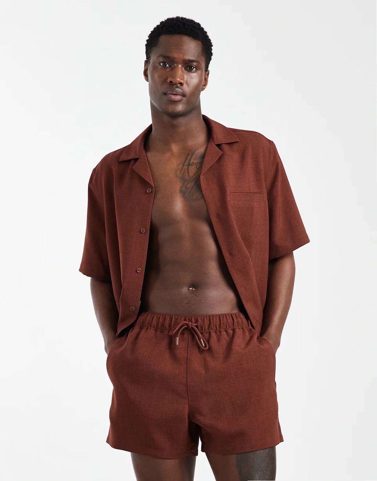 swimsuit in linen look short length in brown - part of a set