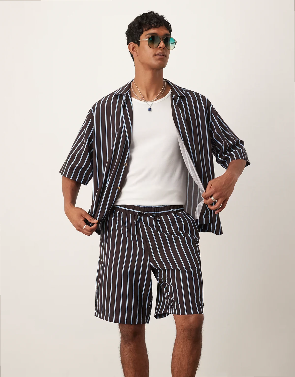 shorts in long length in brown stripe - part of a set