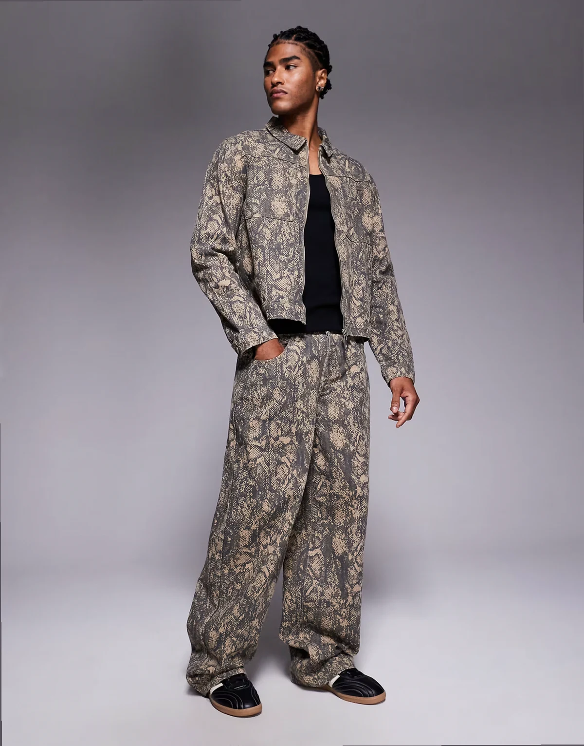 relaxed baggy jeans in olive snake print - part of a set