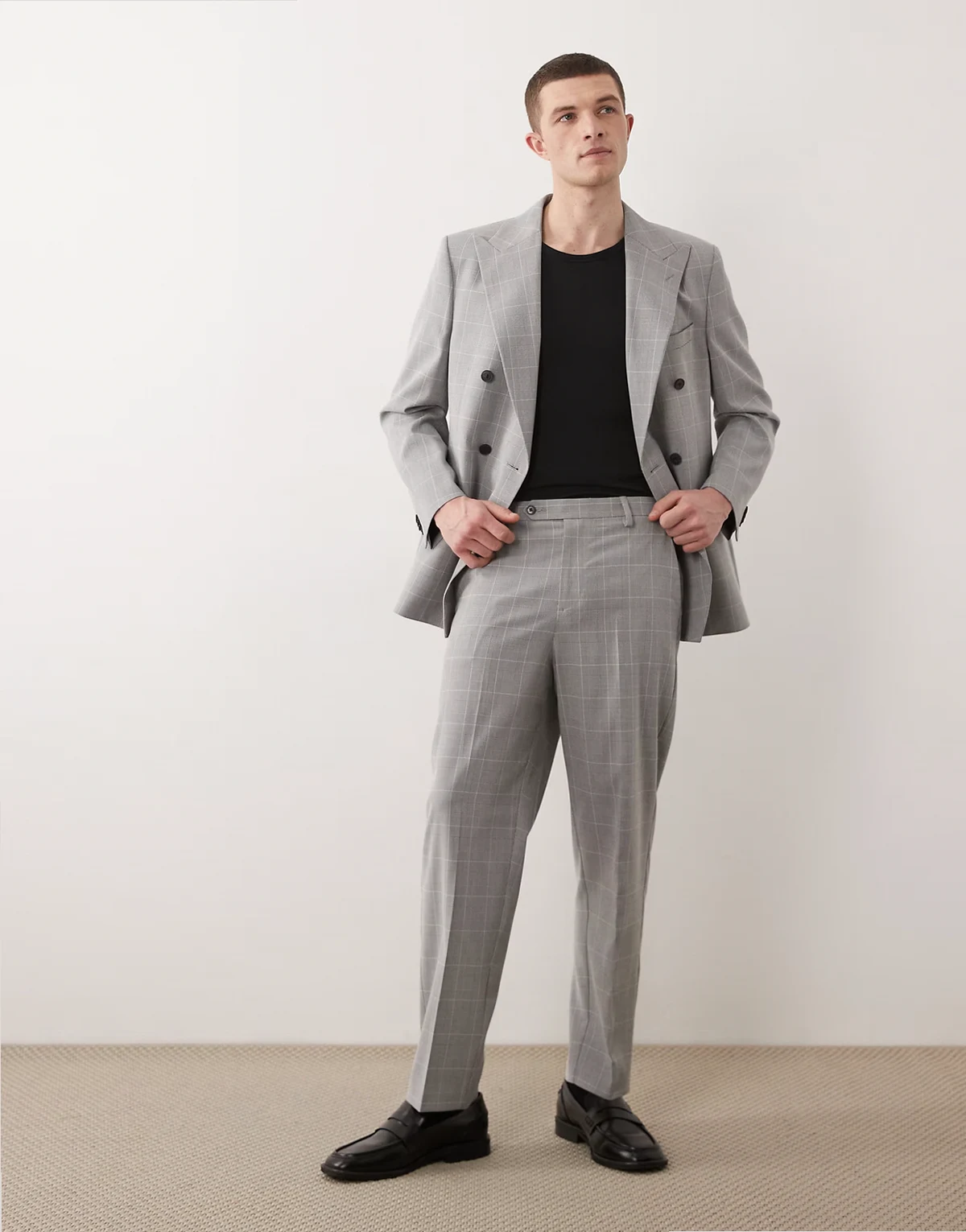 relaxed tapered suit pants in gray Glen check