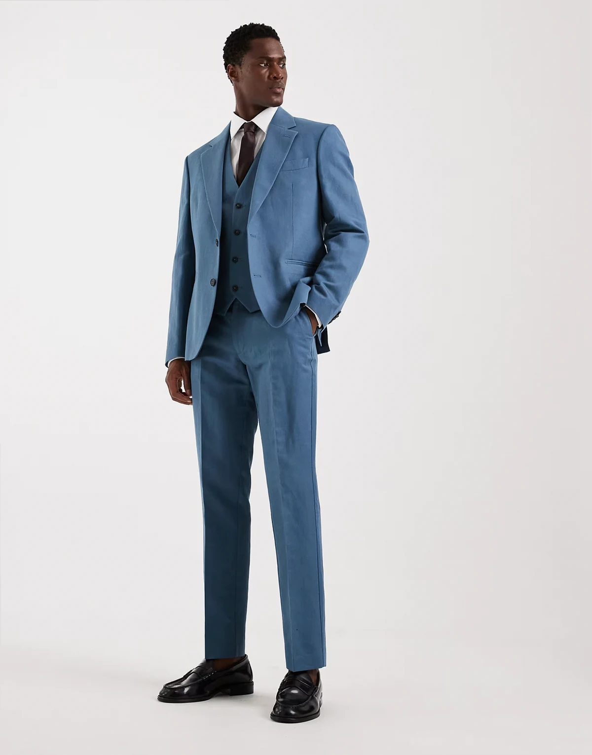 slim suit pants in linen rich mid blue twill