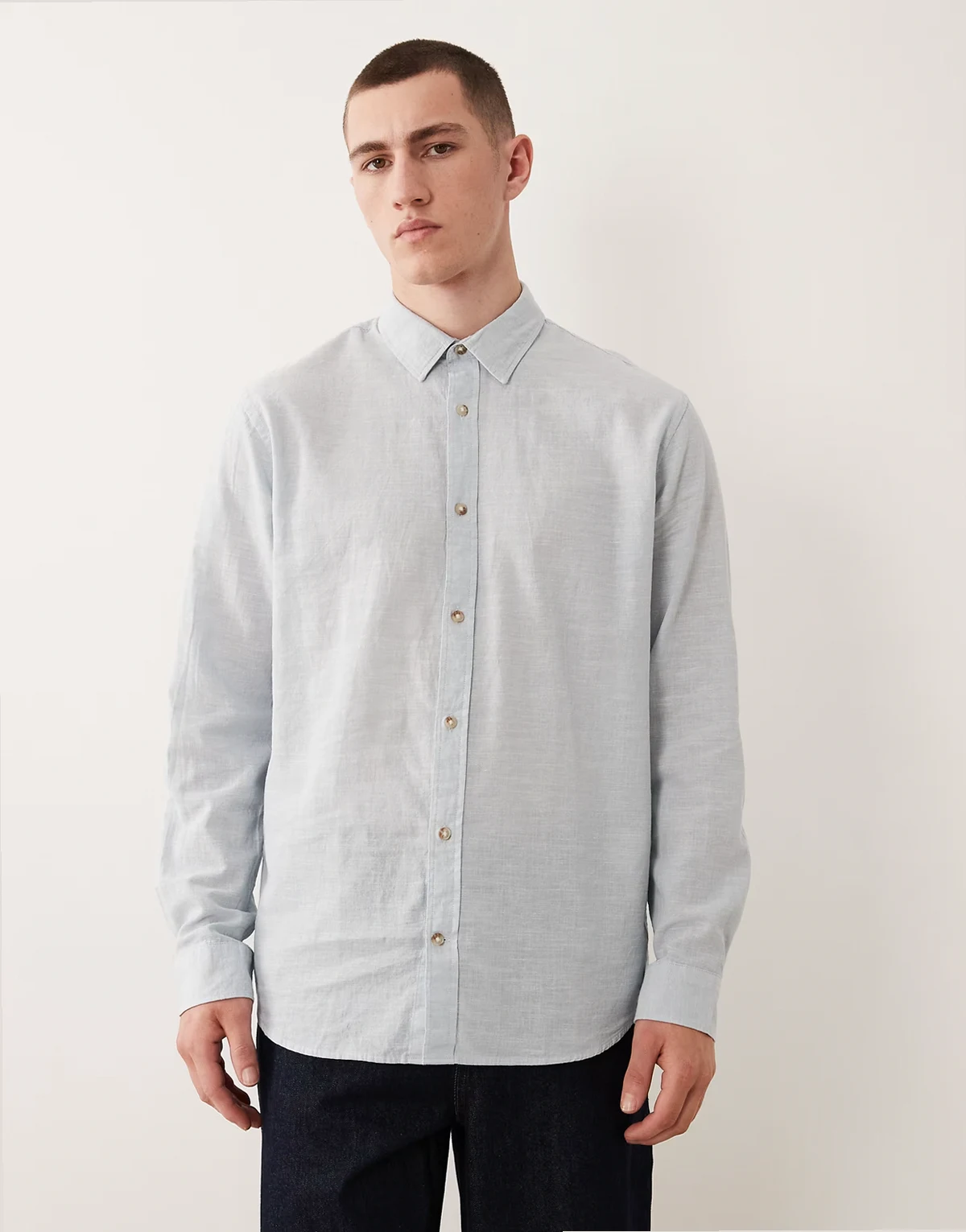 linen blend long sleeve shirt in light blue