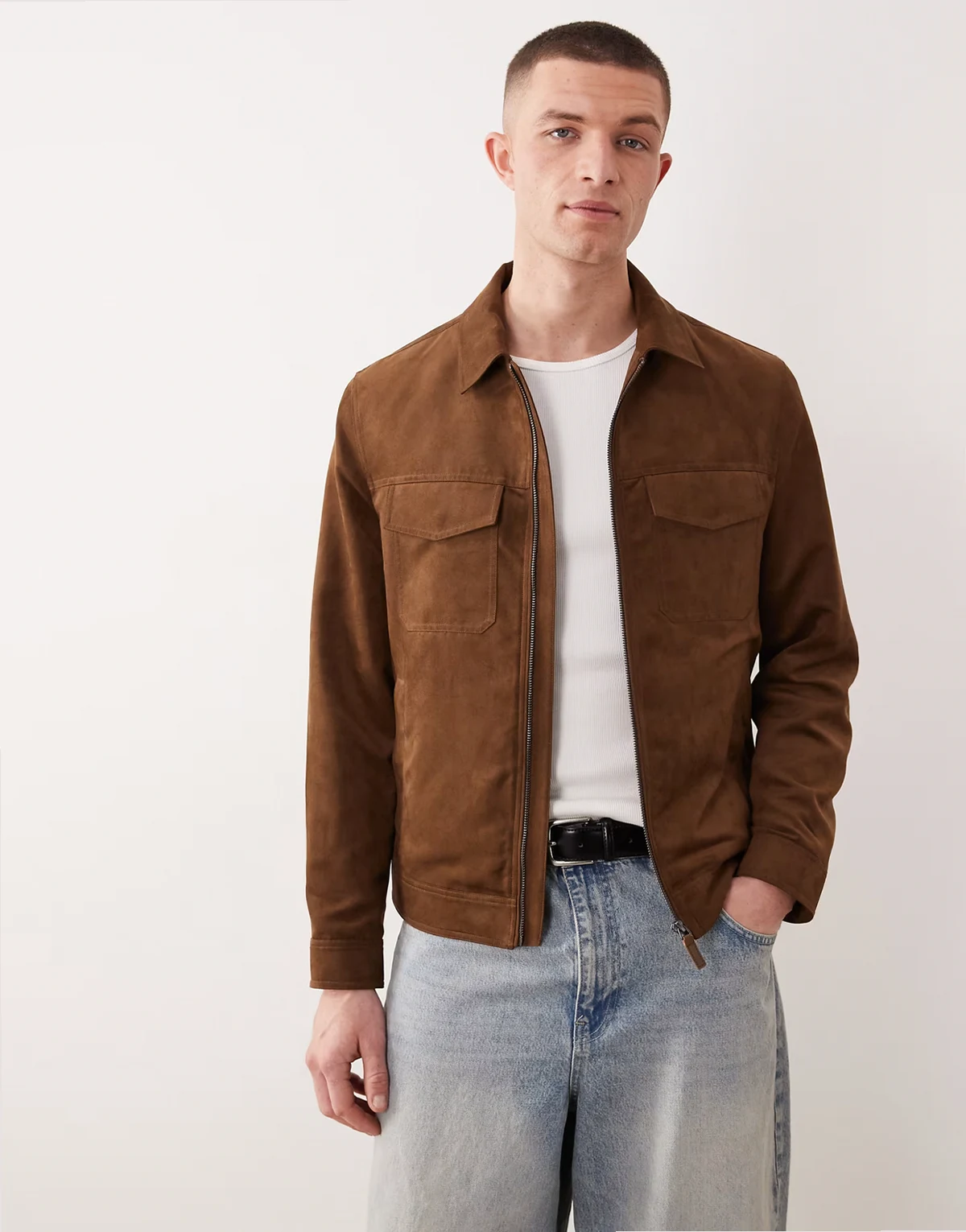 faux suede zip up jacket in chocolate brown