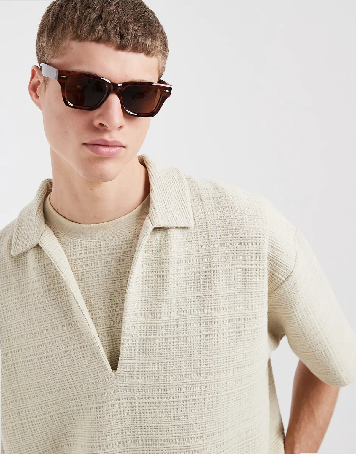 – Strukturiertes Oversize-Polohemd in Beige