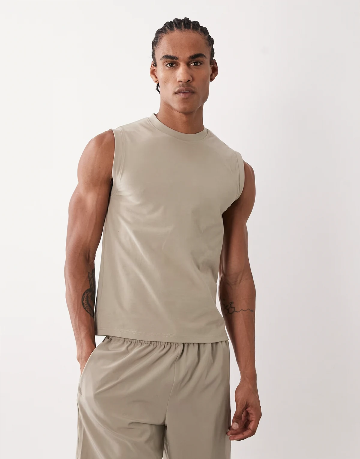 shrunken muscle fit cotton tank top with quick dry finish in greige